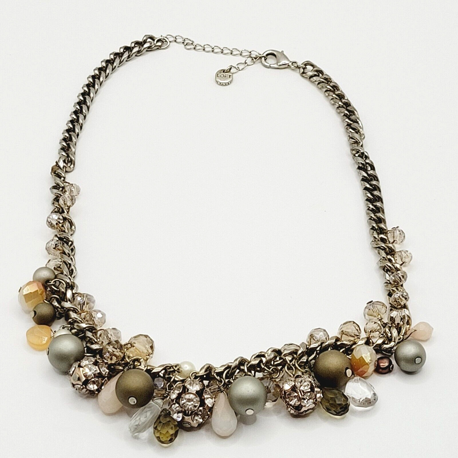 Loft Ann Taylor Sparkling Multi Bead Shape Silver Tone Cluster Necklace Signed