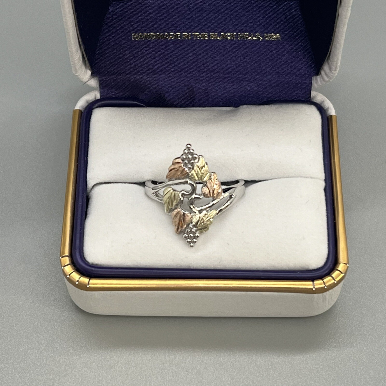 Landstrom’s Black Hills Gold Ladies 12K Solid Gold Leaf Ring Sterling Silver NIB