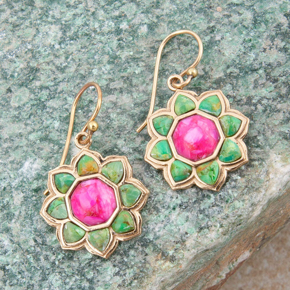Fresh Fuchsia Pink and Lime Green Turquoise Golden Drop Earrings