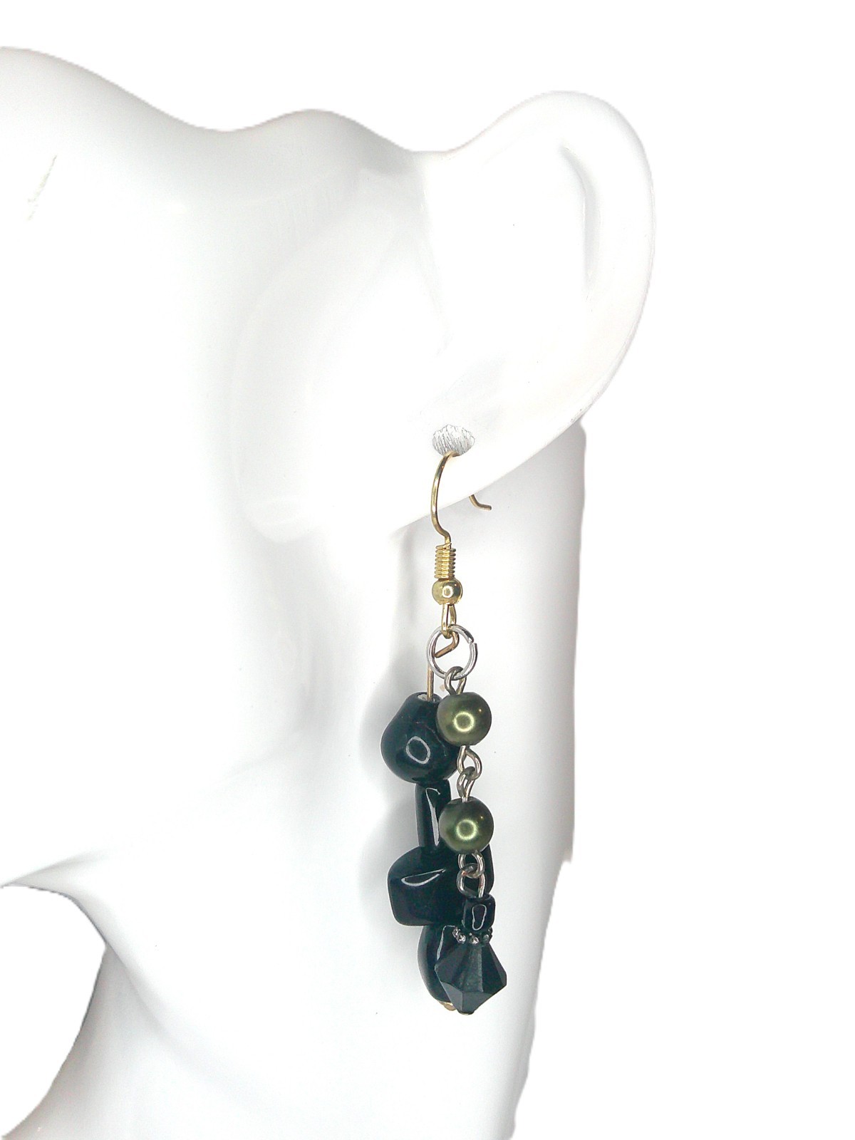 Black and Olive Green Bead Earrings Mixed Metal Handmade Goth Asymmetrical