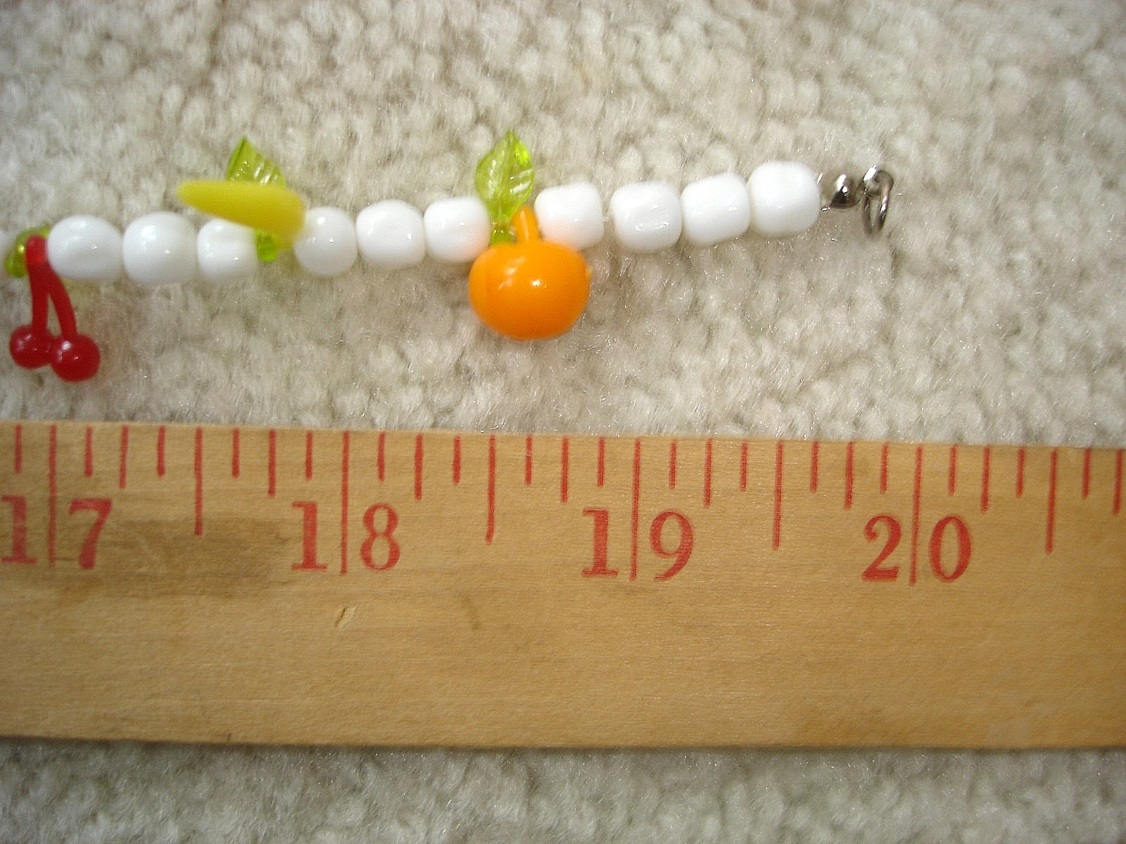 Vintage Plastic FRUIT White Glass Bead Necklace-Apple Banana Orange Pear Cherry
