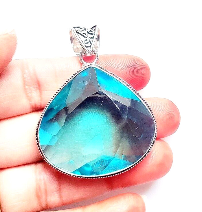 Swiss Blue Topaz Gemstone 925 Sterling Silver Handmade Jewelry Pendant 1.8″