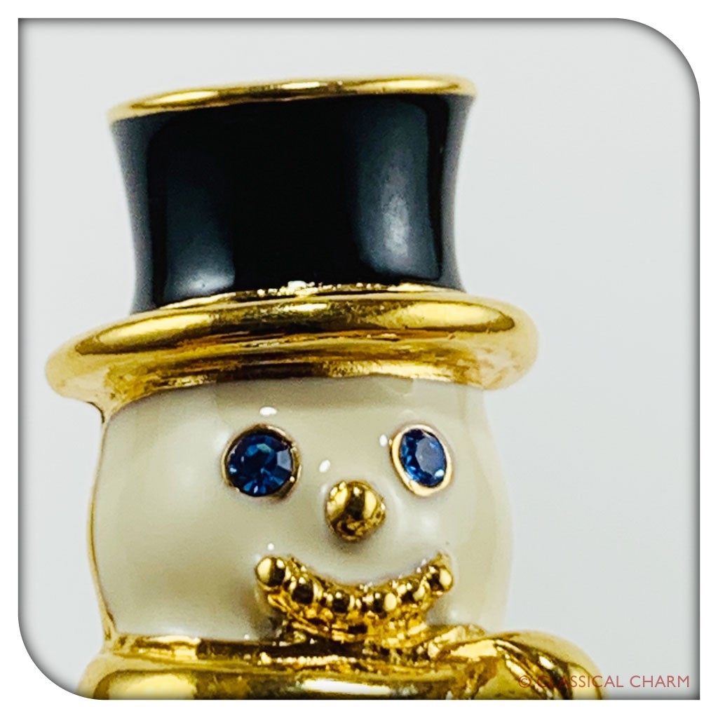 Monet Frosty Snowman Pin Brooch Enamel Gold Tone black And Blue Stones Top Hat