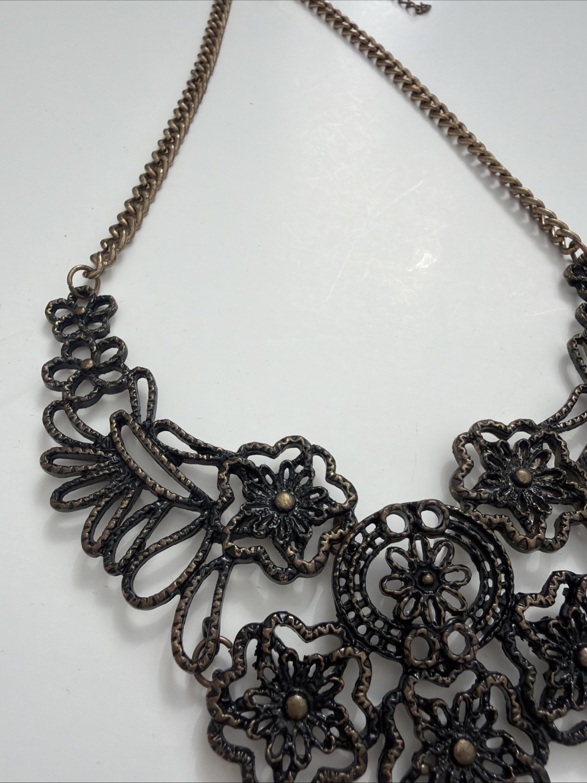 Vintage Style Bronze Filigree Floral Bib Necklace Statement Boho Cottagecore