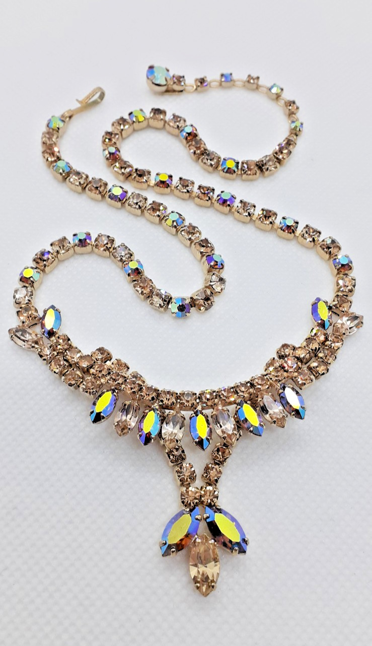 VTG SHERMAN Gold Semi-Rigid Swarovski Light Colorado & AB’s Necklace & Earrings