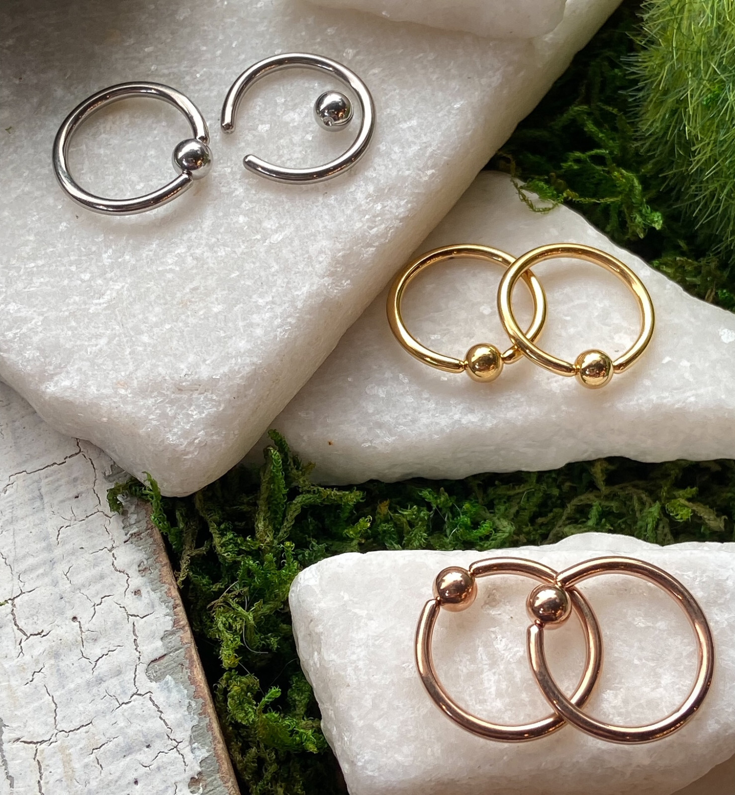 3 PAIR Value Pack Steel, Gold and Rose Gold Captive Bead Rings CBR’s 16g 14g