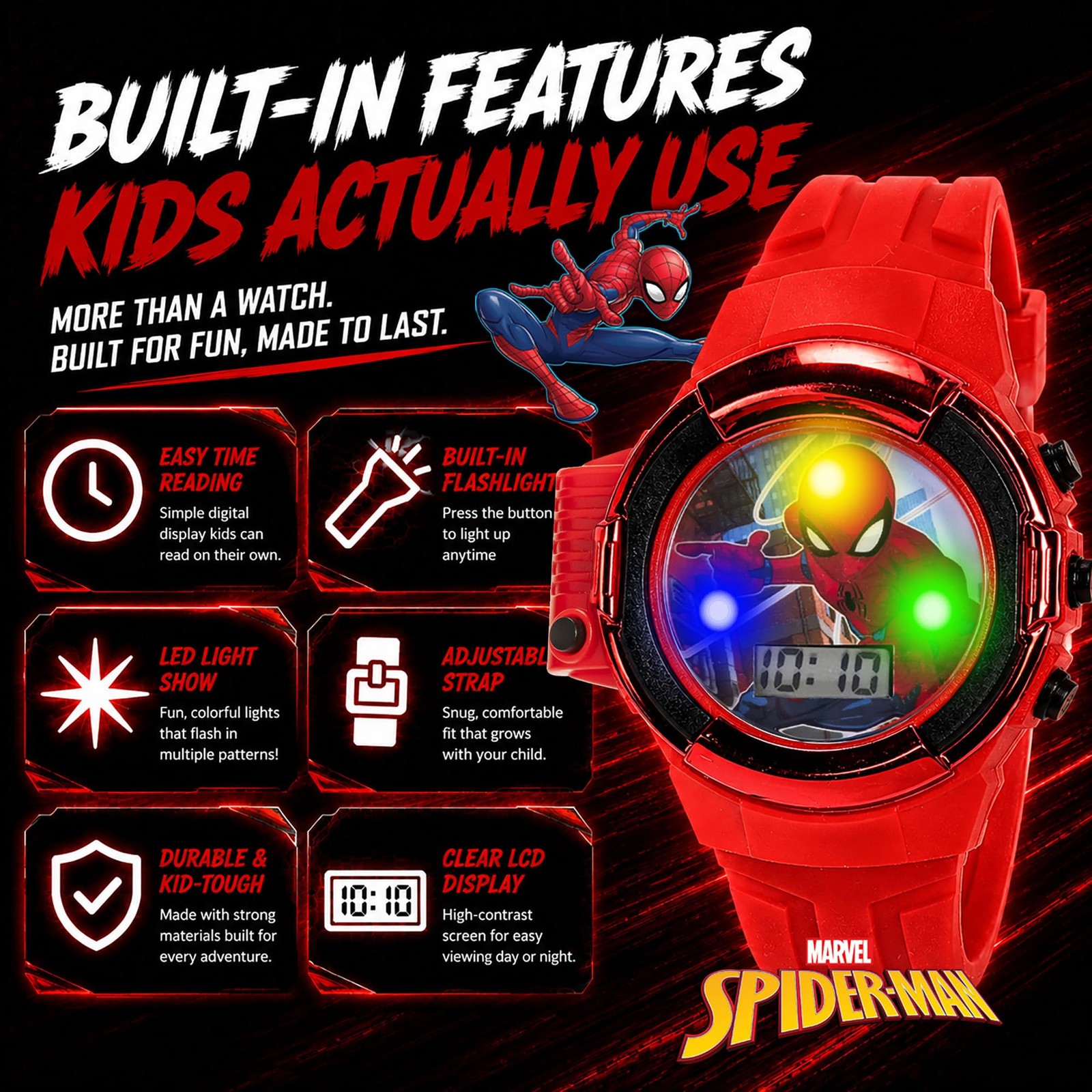 Marvel Spider-Man Flashlight Watch for Kids – Light-Up Fun with LCD Display, LED