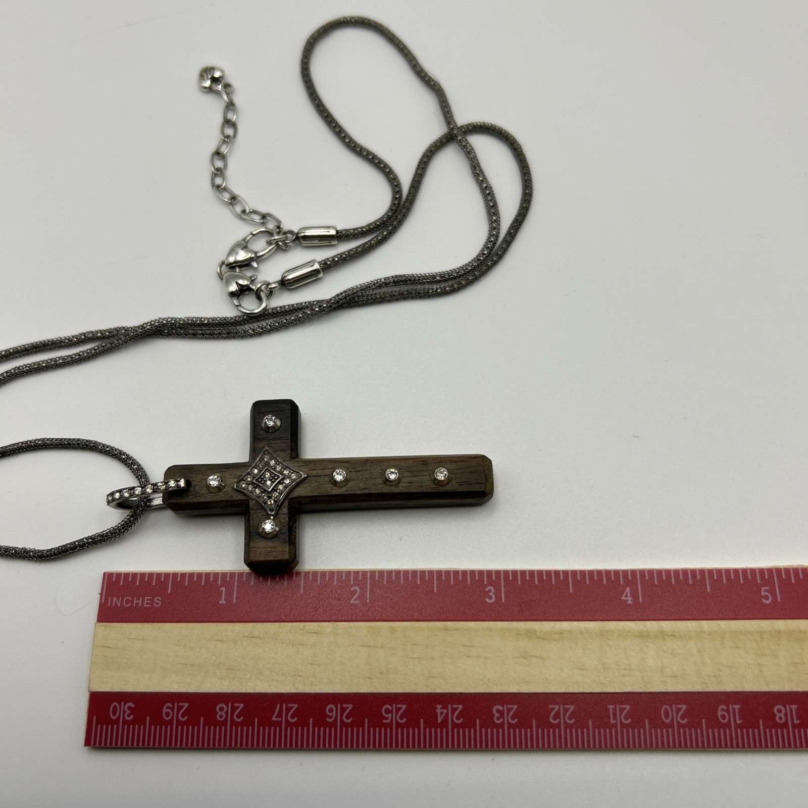 Brighton Byzantine Cross Necklace- silver chain- brown wood Cross – crystals