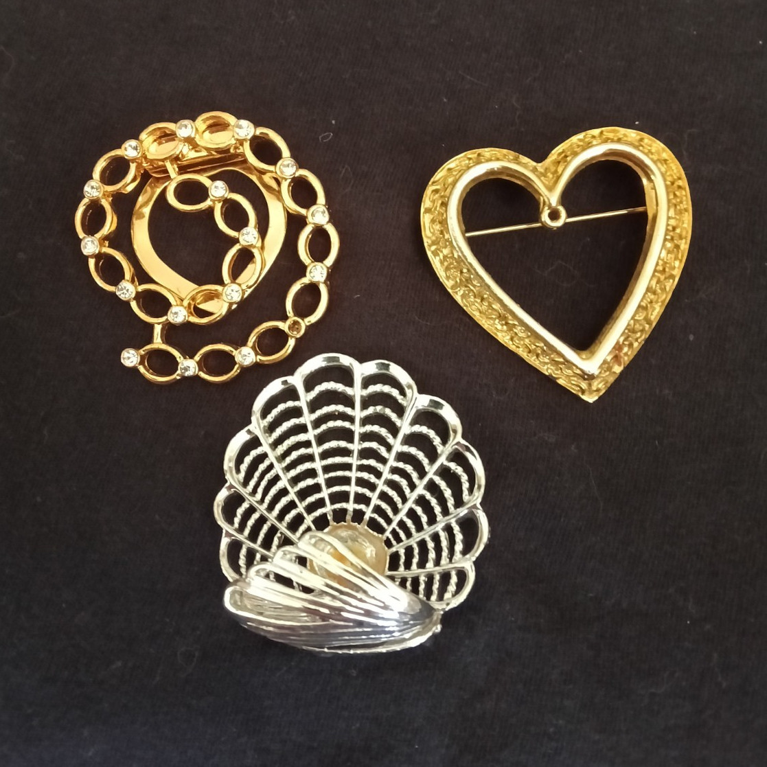 Lot of 3 Metal Pinback Brooch Pins Gold Tone Heart Circle, Silver Tone Shell