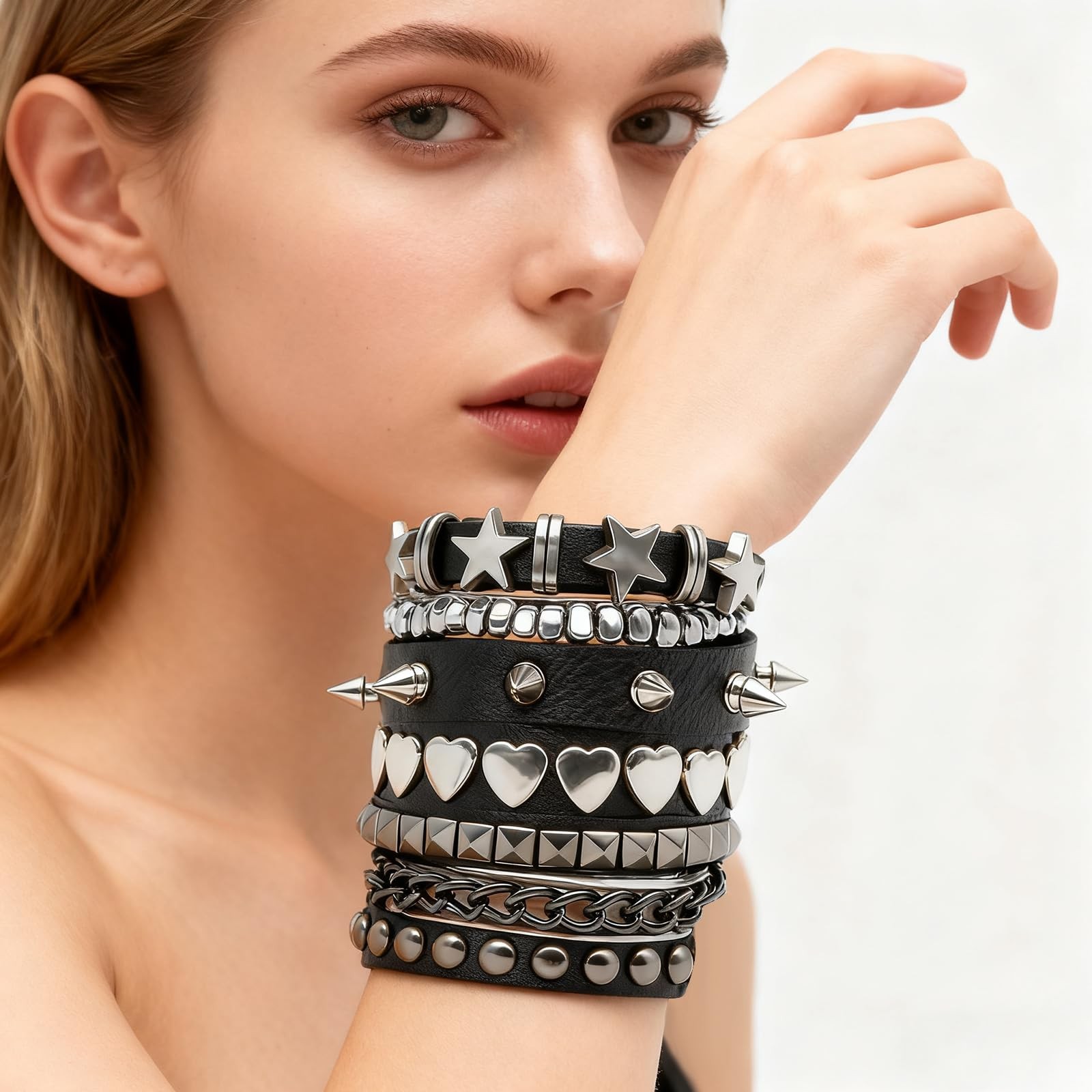 5 Pcs Punk Studded Bracelet Emo Goth Bracelets Y2k Alt Jewelry Grunge Spike A…