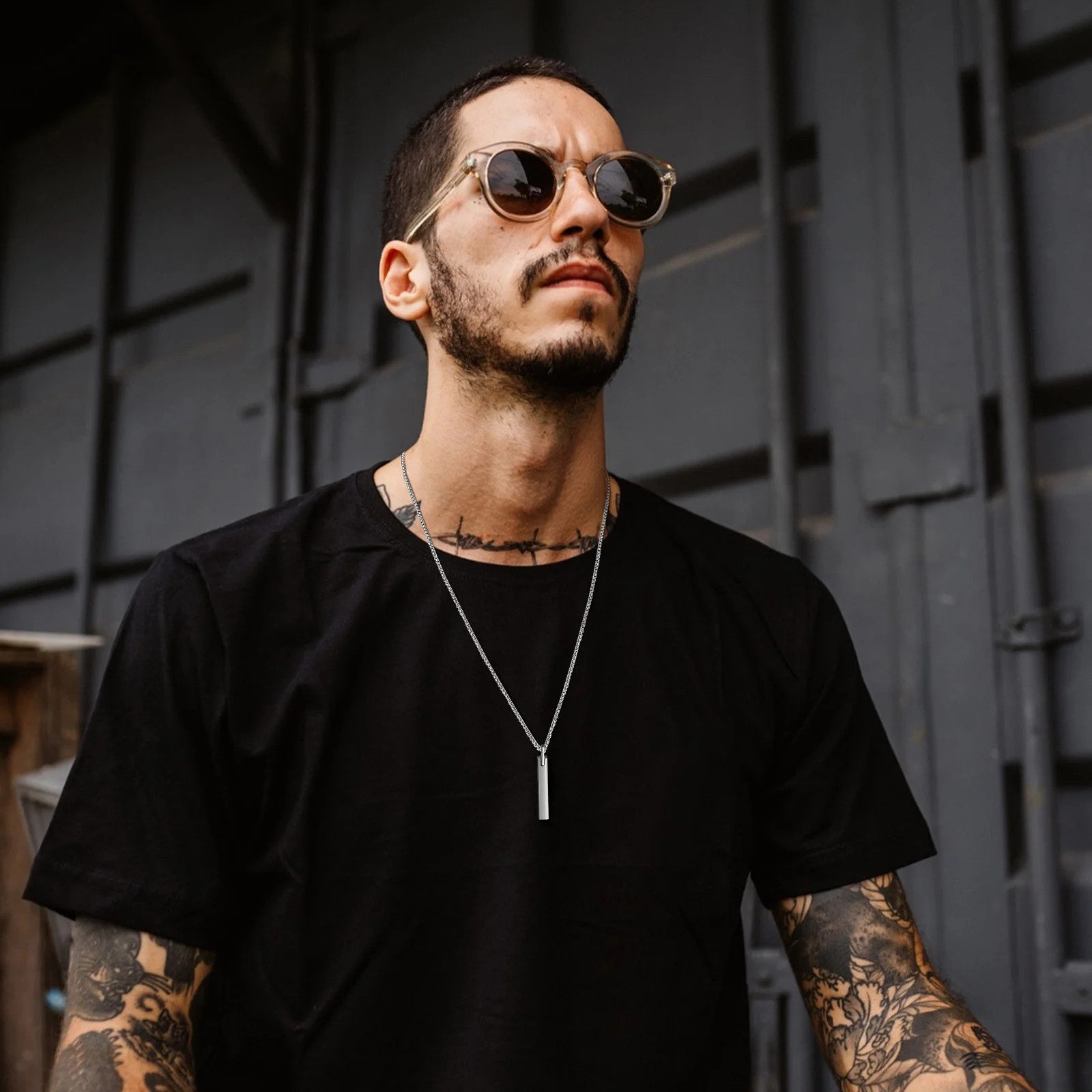 Men’s 3D Vertical Bar Necklace Stainless Steel Geometric Pendant with Box Chain