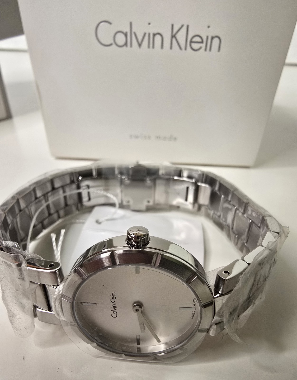 Womens Calvin Klein Swiss Stainless Steel Watch Silver Pyramid Studded K5T33146