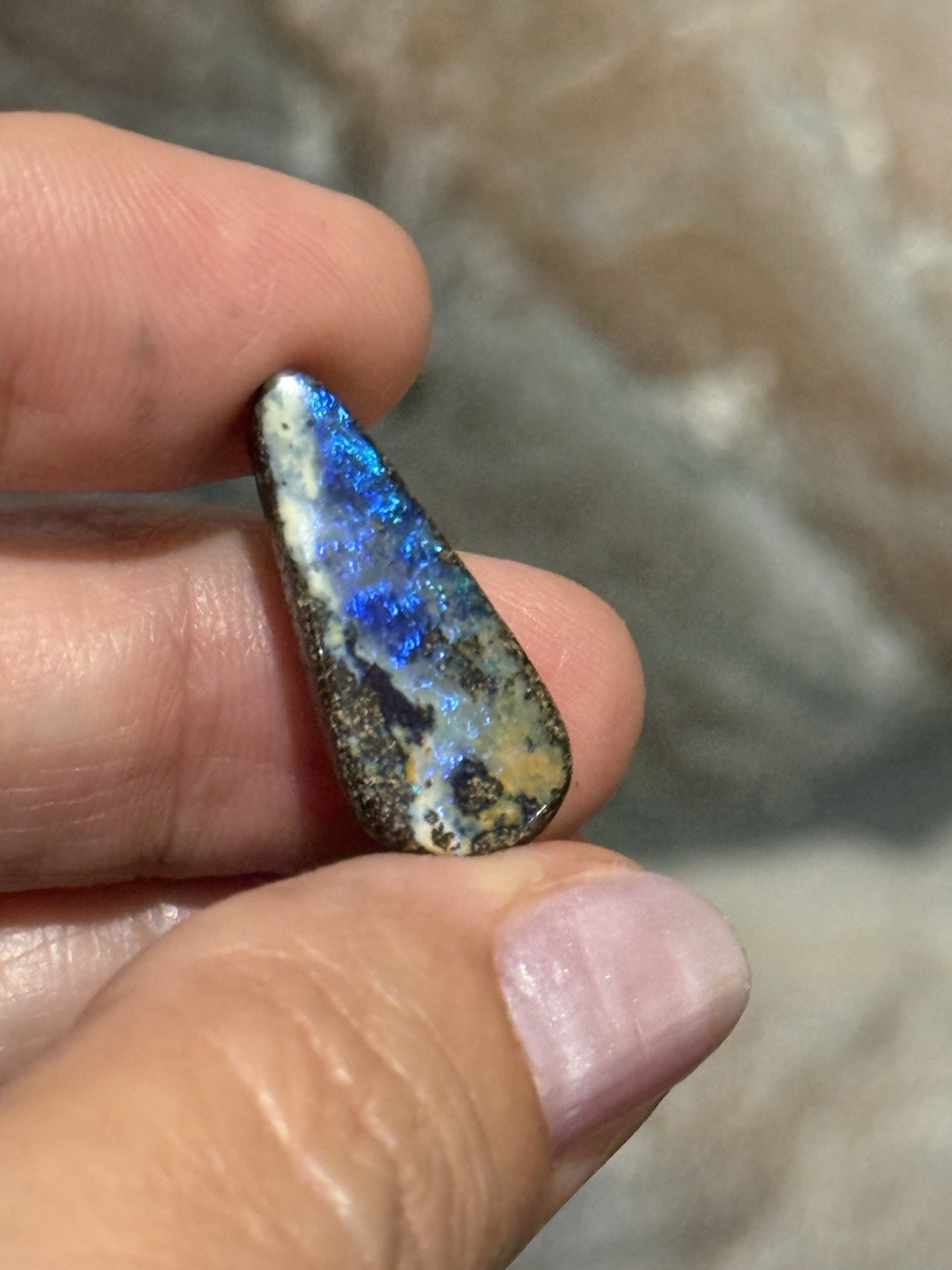 9.35ct 24x10x5mm Flashy Dark Blue Natural Boulder Australian Opal Drop Cabochon