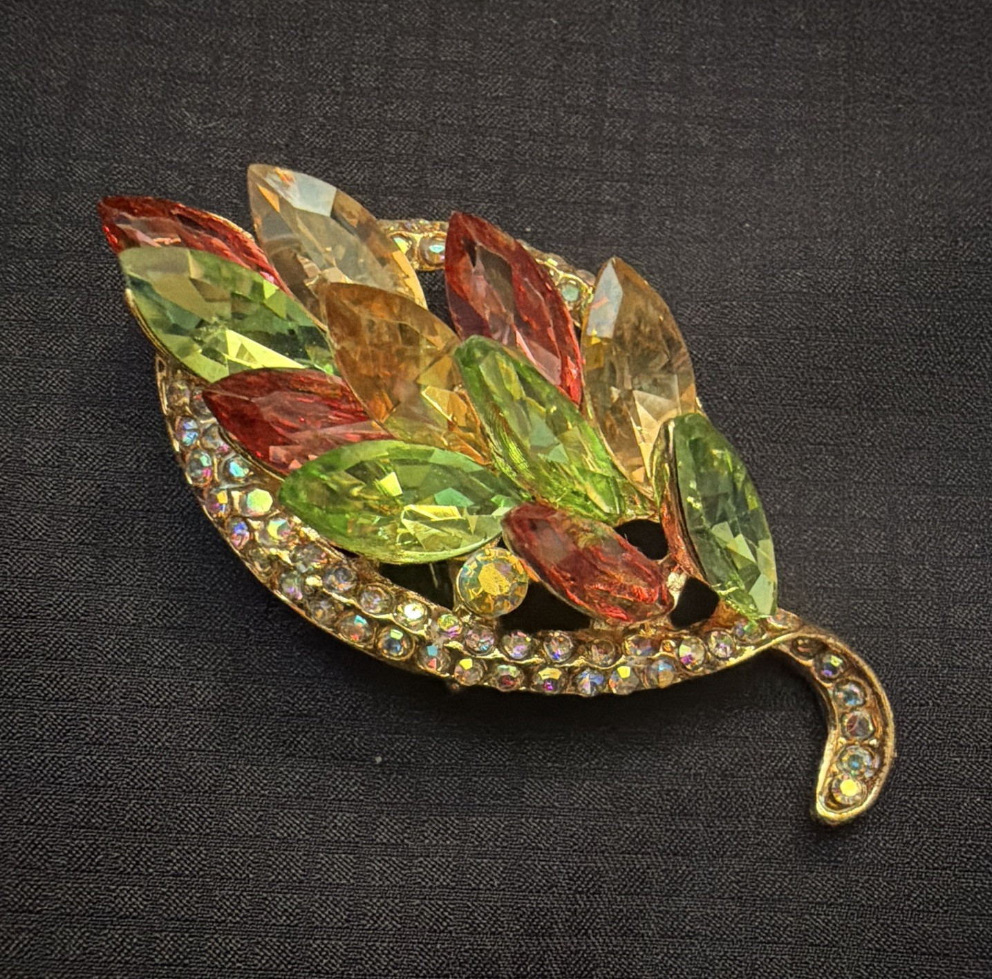 Gold Tone Leaf Brooch Pin Green Red Champagne Marquise Crystal Rhinestones