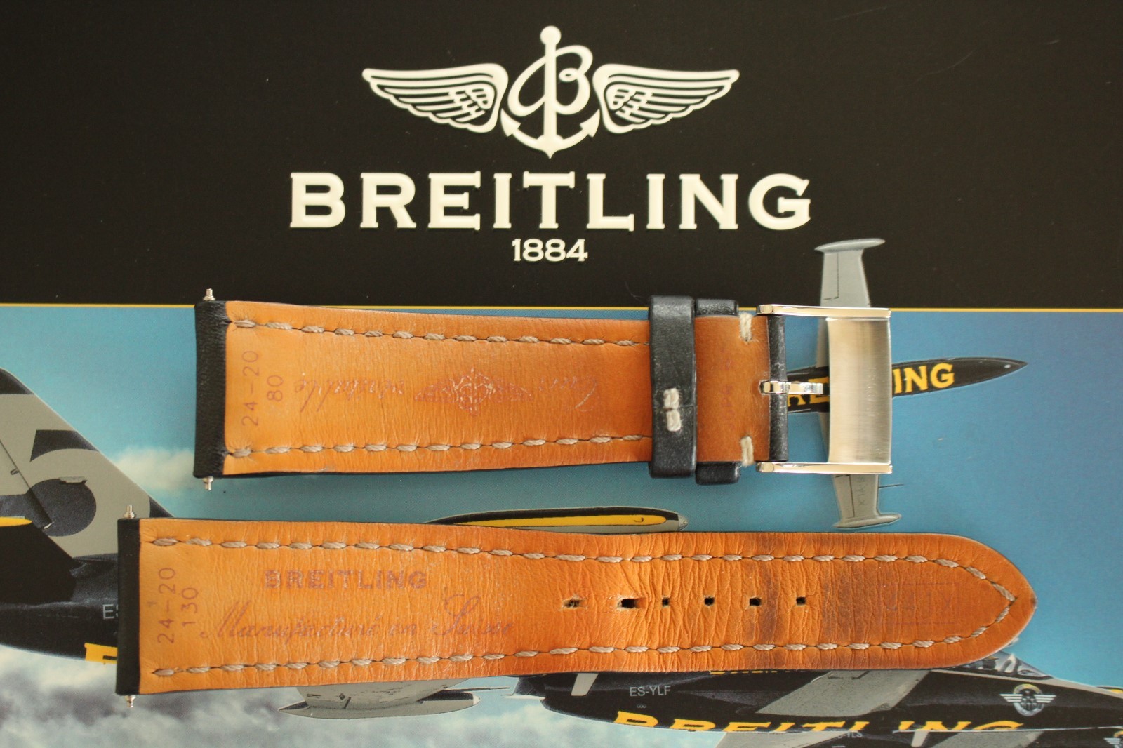 BREITLING 441X 24-20 BLACK SMOOTH CALF TONGUE BUCKLE WATCH BAND WATCHBAND STRAP