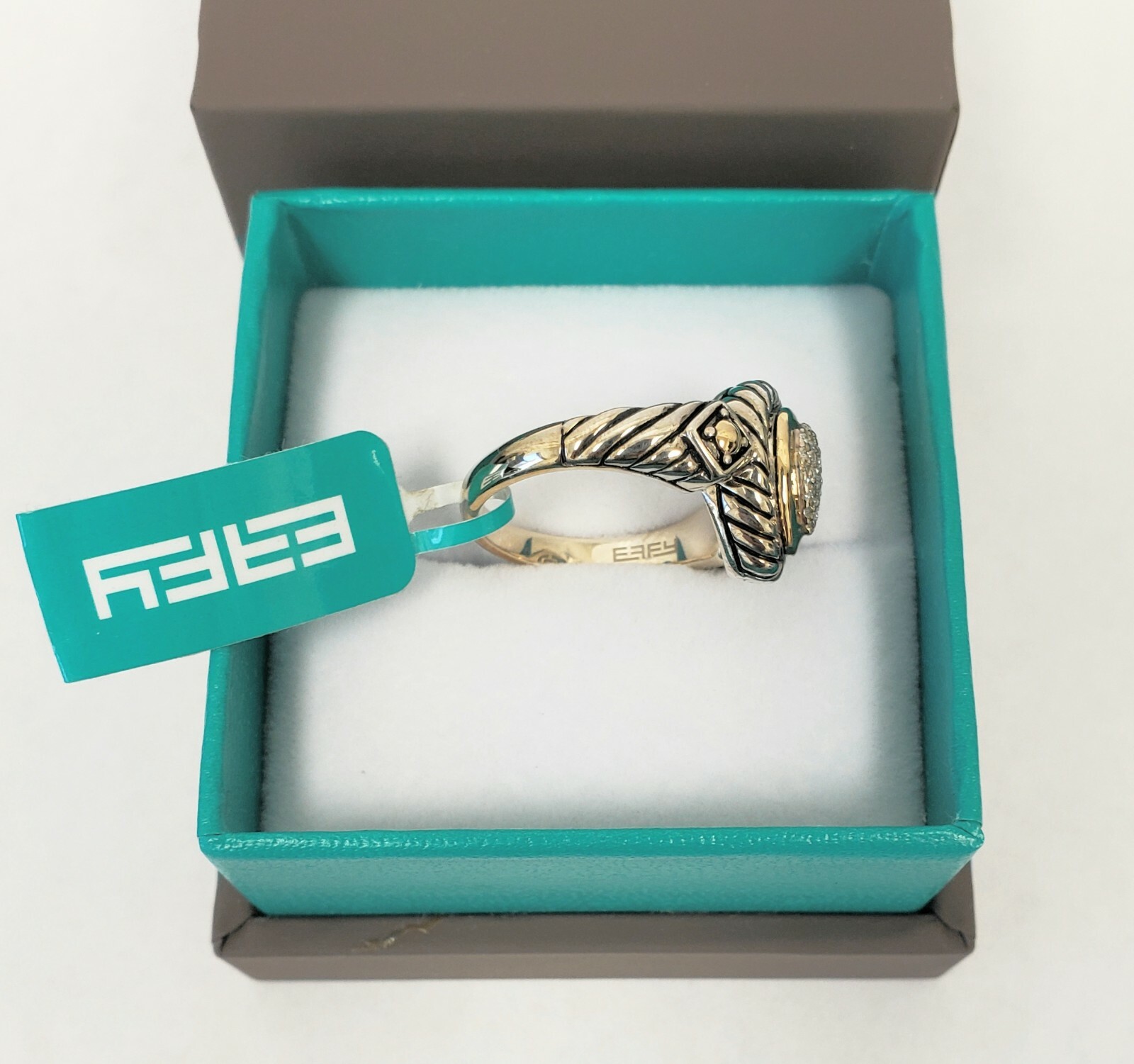 Effy Sterling Silver & 18K Yellow Gold Pave Teardrop Diamond Ring Size 7