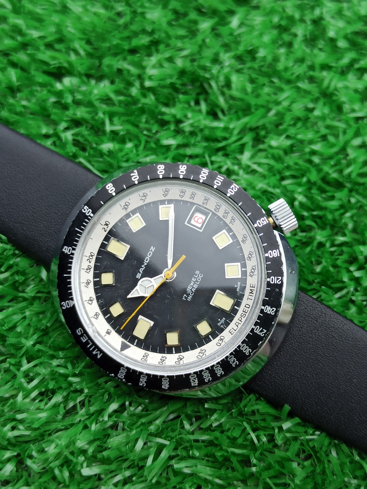 HYPER-RARE SANDOZ JUMBO DIVER BLACK WATCH MECHANICAL SWISS 1970s