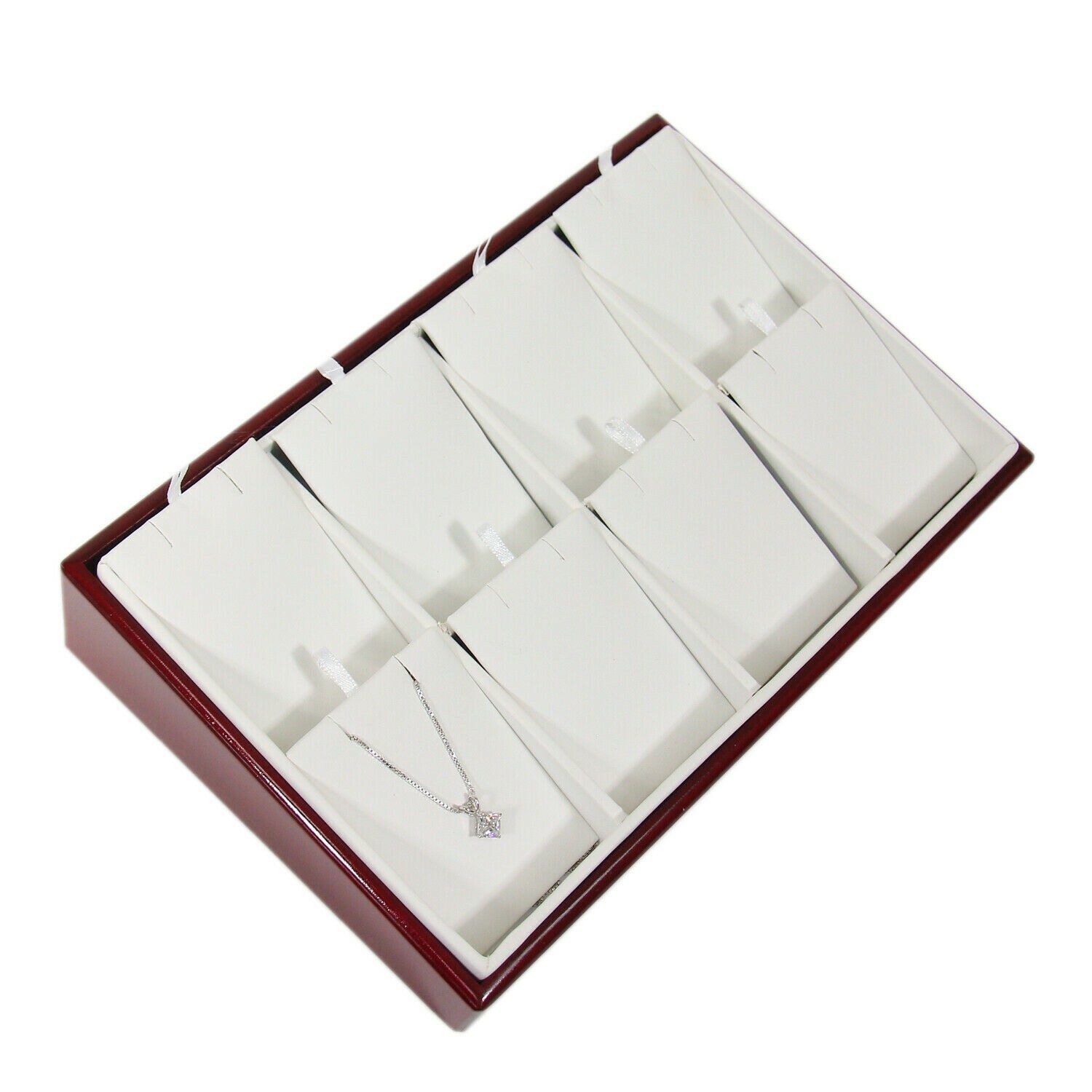 Rosewood White Faux Leather 8 Pendant Jewelry Display Holder Showcase Tray Stand