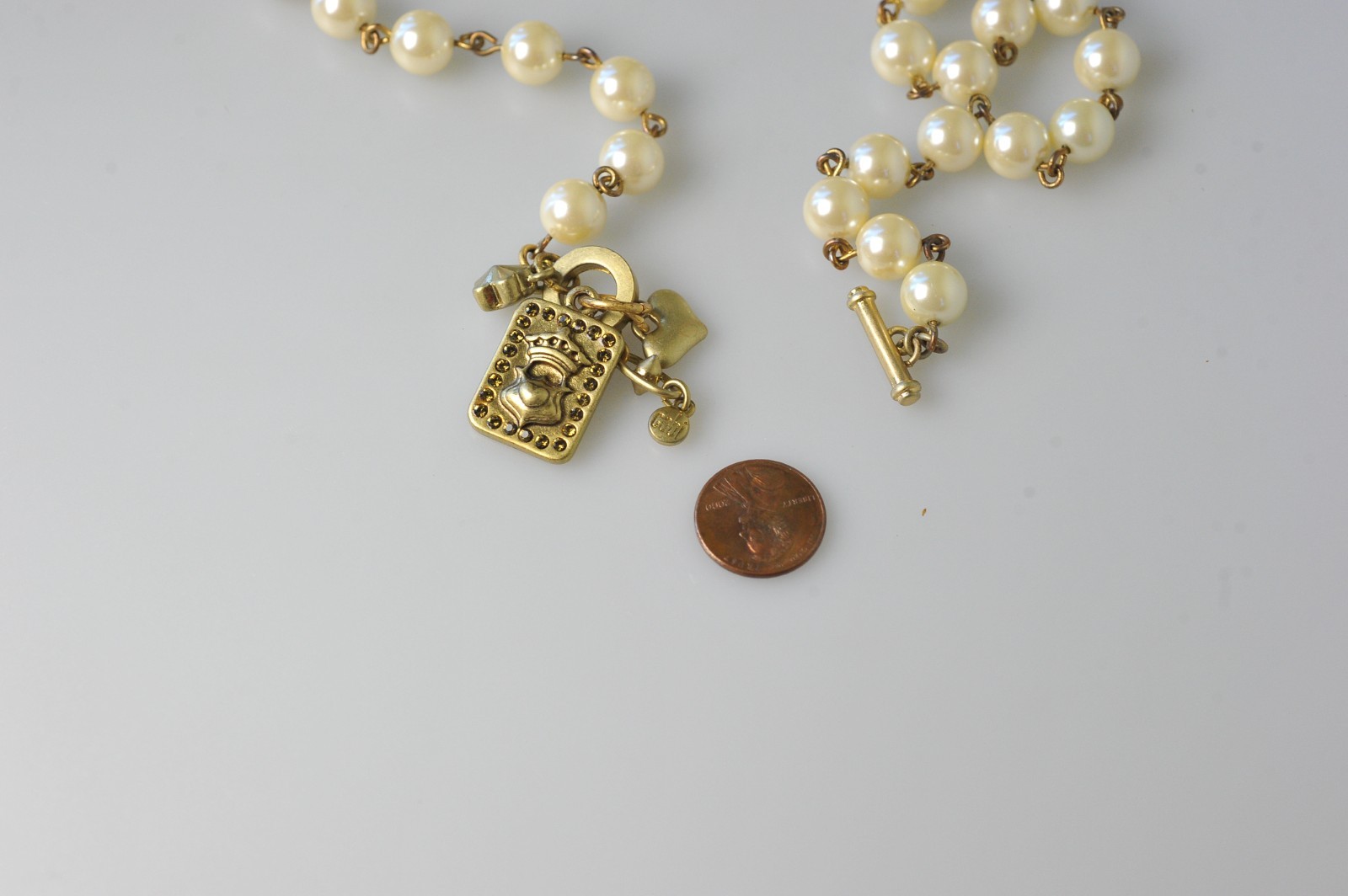 CAbi Necklace Gold Tone Rhinestone Faux Pearl charms dangle statement A