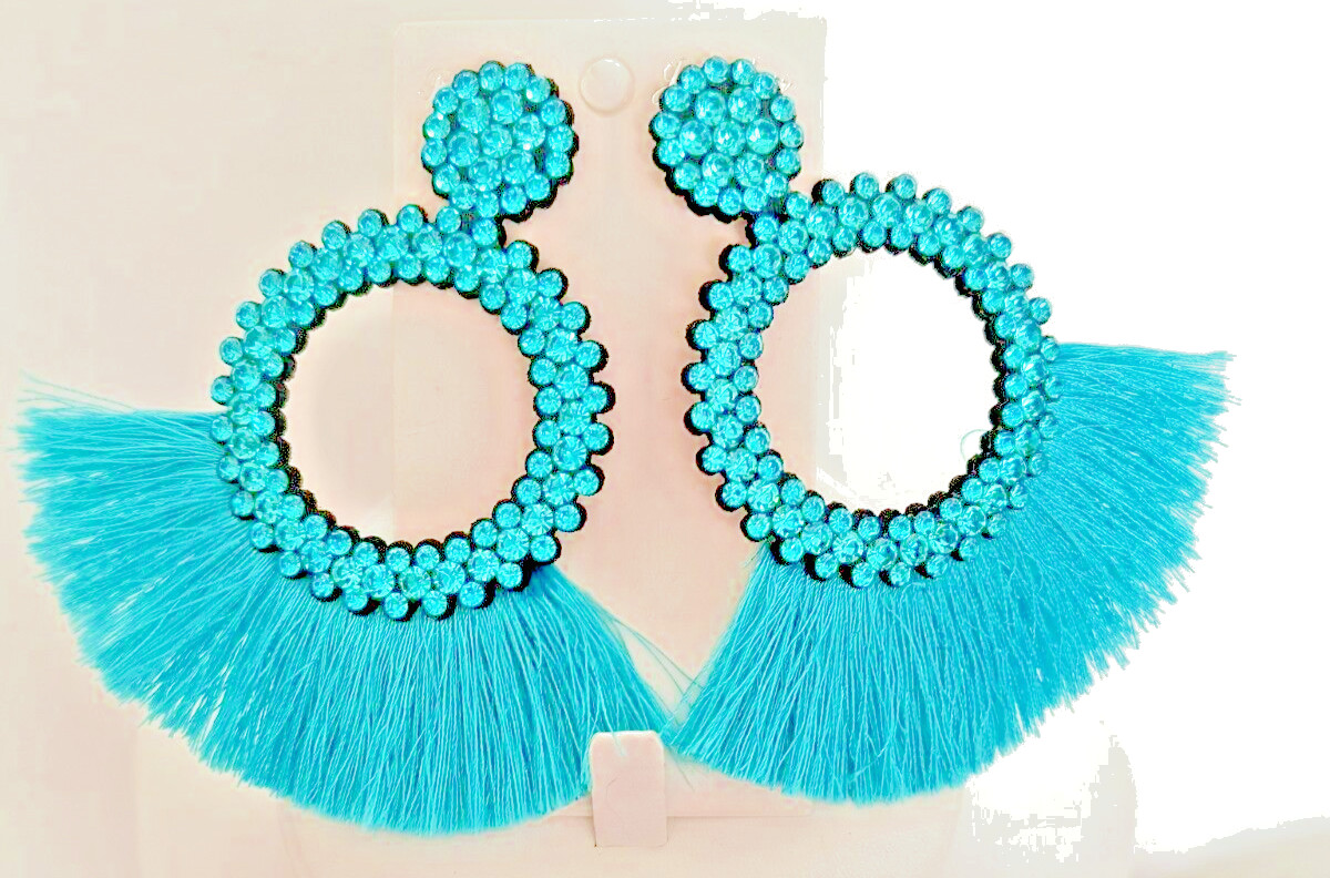 New Fashion Jewelry Dangle/ Drop Earrings Aqua Fringe Crystals Appx 3.5 inx3 in