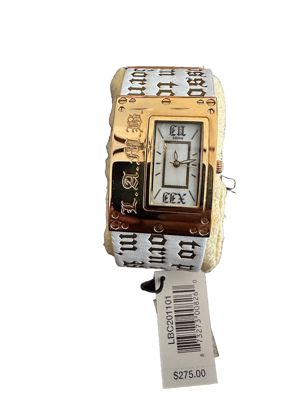 NWT Gwen Stefani L.A.M.B. White Black Leather Band Gold Face Watch NEW IN BOX