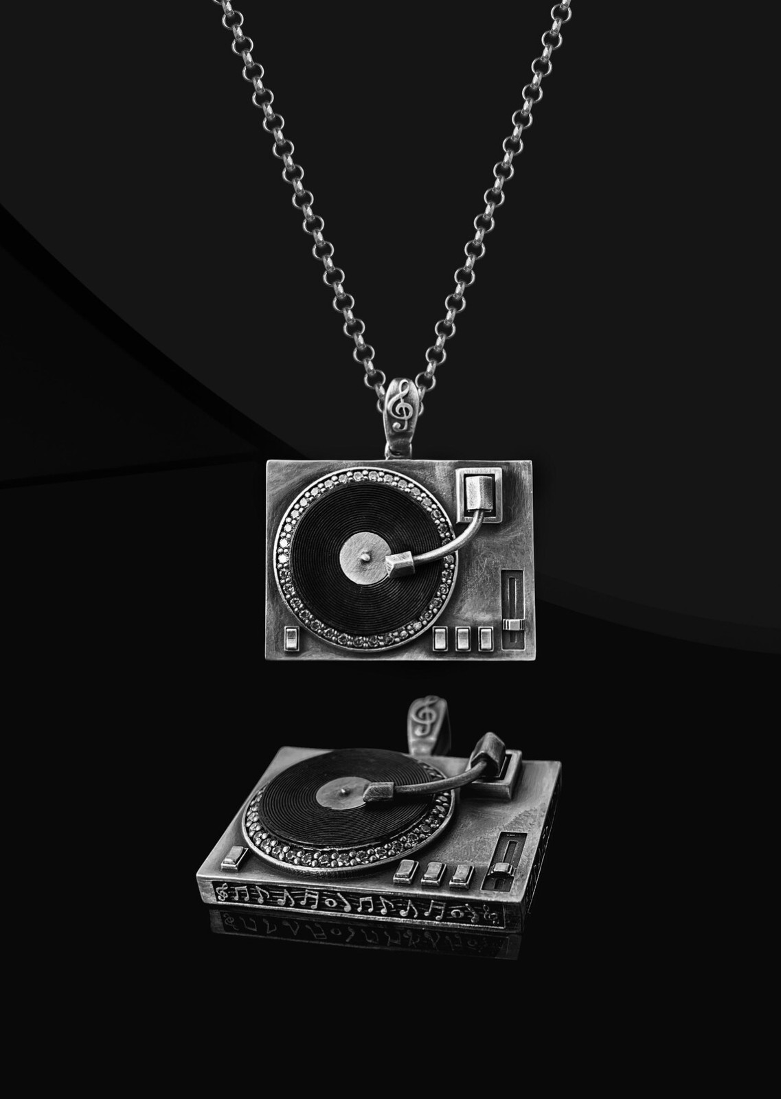 Record Player Oxidized Necklace 925 Sterling Silver Pendant Necklace Duty Free