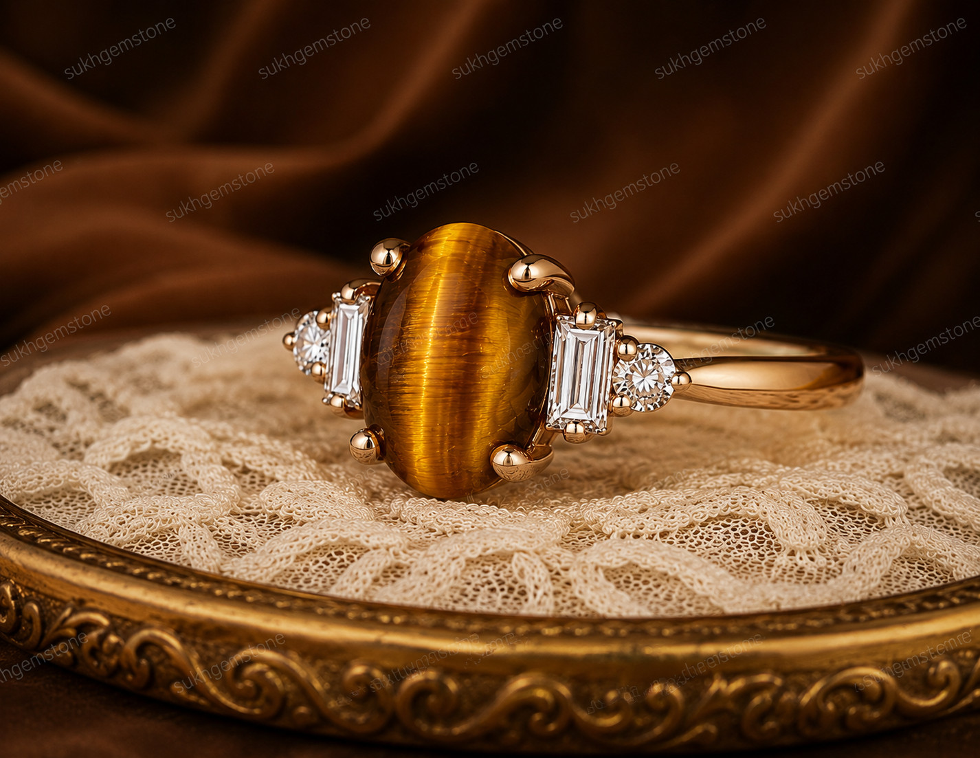 Lab Created Tiger Eyes Ring, Base Metal: Brass Finish: Gold Plated