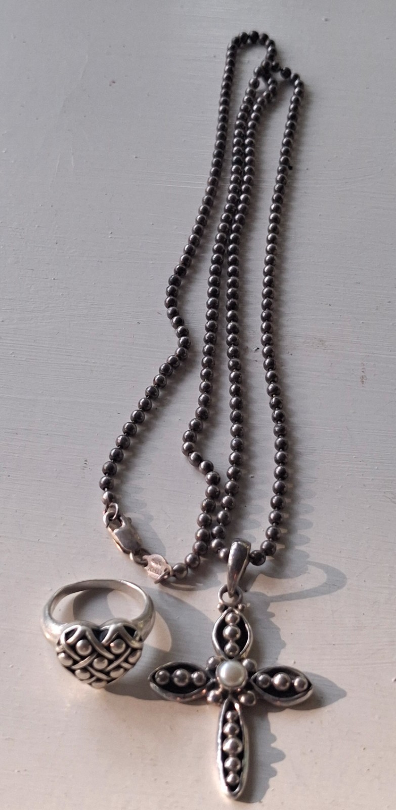 Vintage Sterling Silpada Credence Cross, Signed Popcorn Chain and Signed Ring