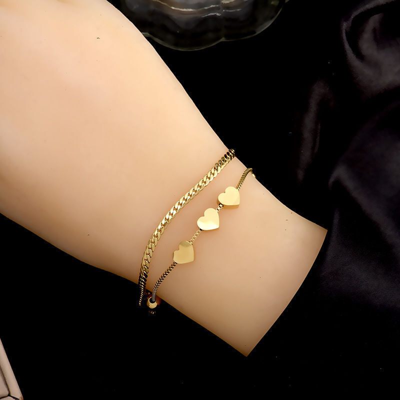 Woman 18K Gold Plated 2 Layers Curb Chain Heart Charm Beaded Bracelet Bangle
