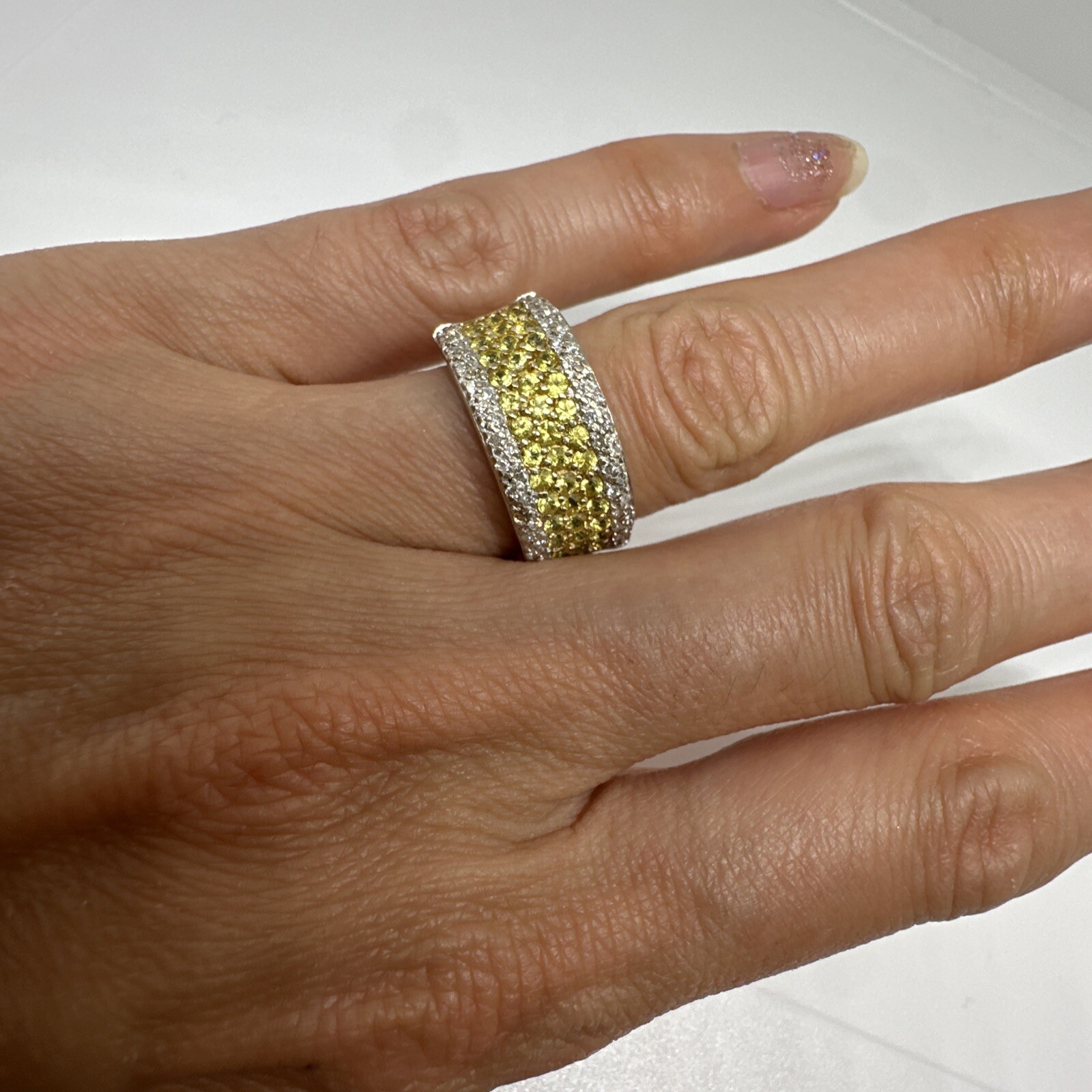 M 18k white gold diamond yellow sapphire wide band ring 10.6g designer 6.75 fine