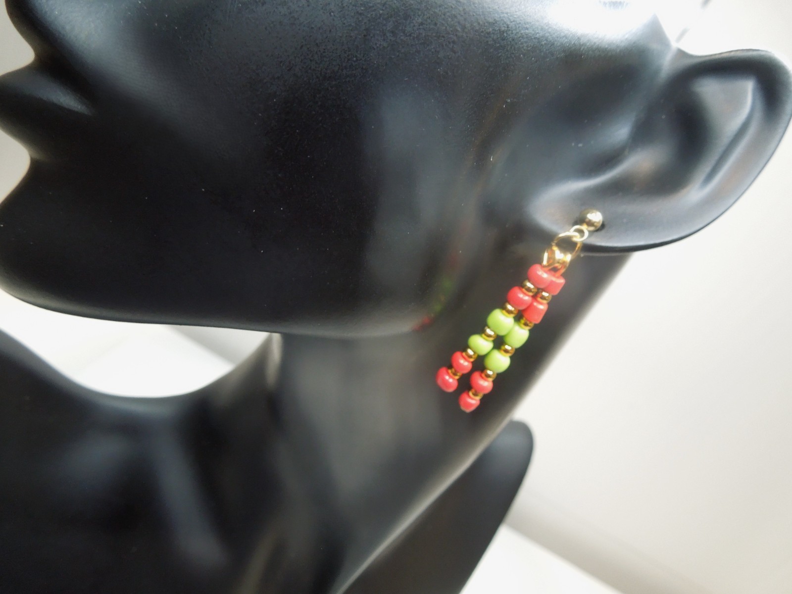 Red and Green Earrings 24K Gold Filled Posts Glass Seed Beads Handmade
