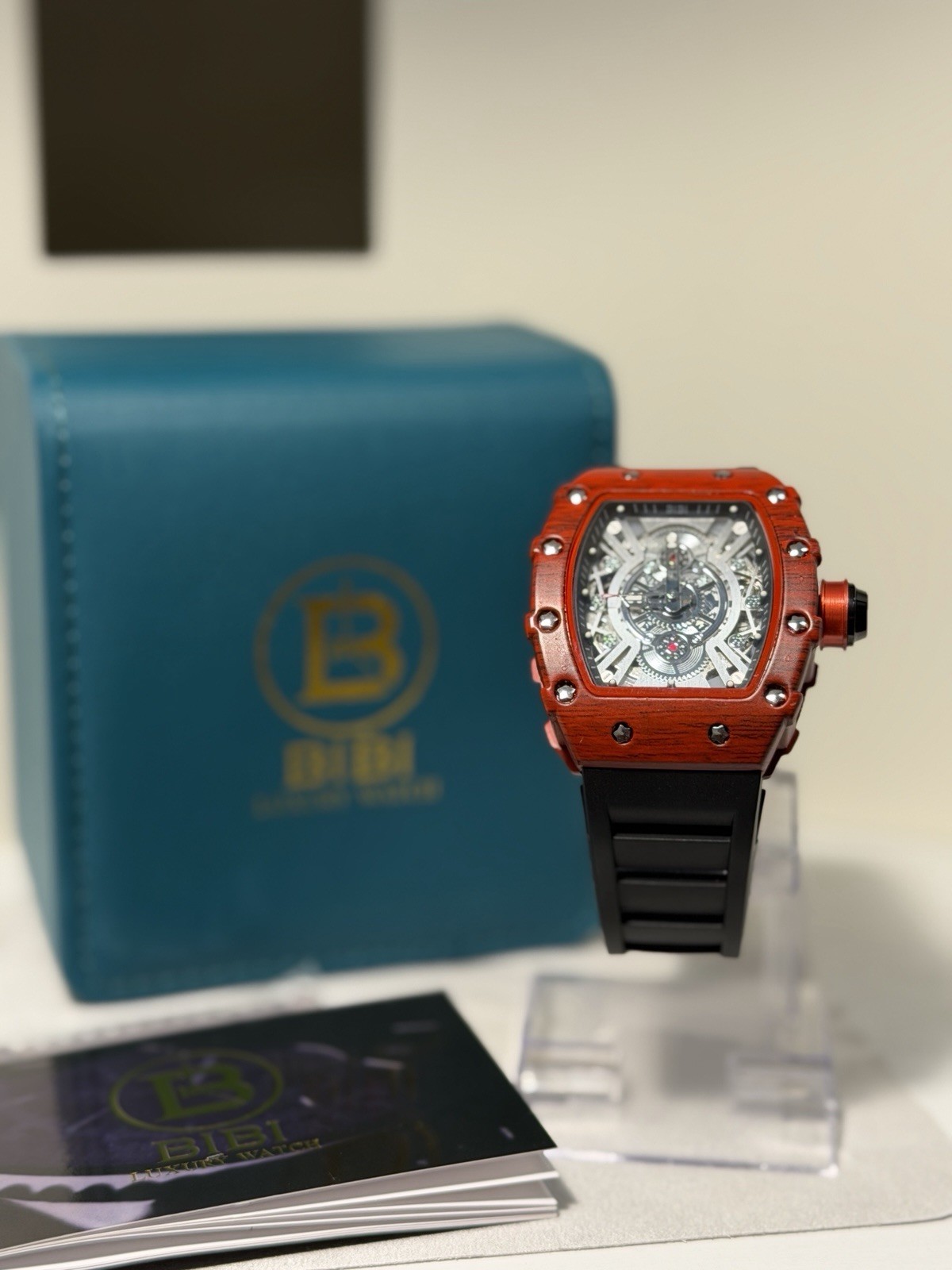 BIBI Luxury Watch Red Tonneau Case Skeleton Mechanical Style Men’s! SHARP! NEW!!