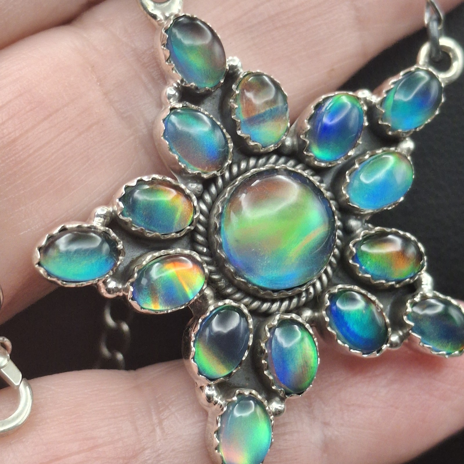 Aurora Opal Starburst Cluster Necklace 18-20″ Sterling Silver Southwestern