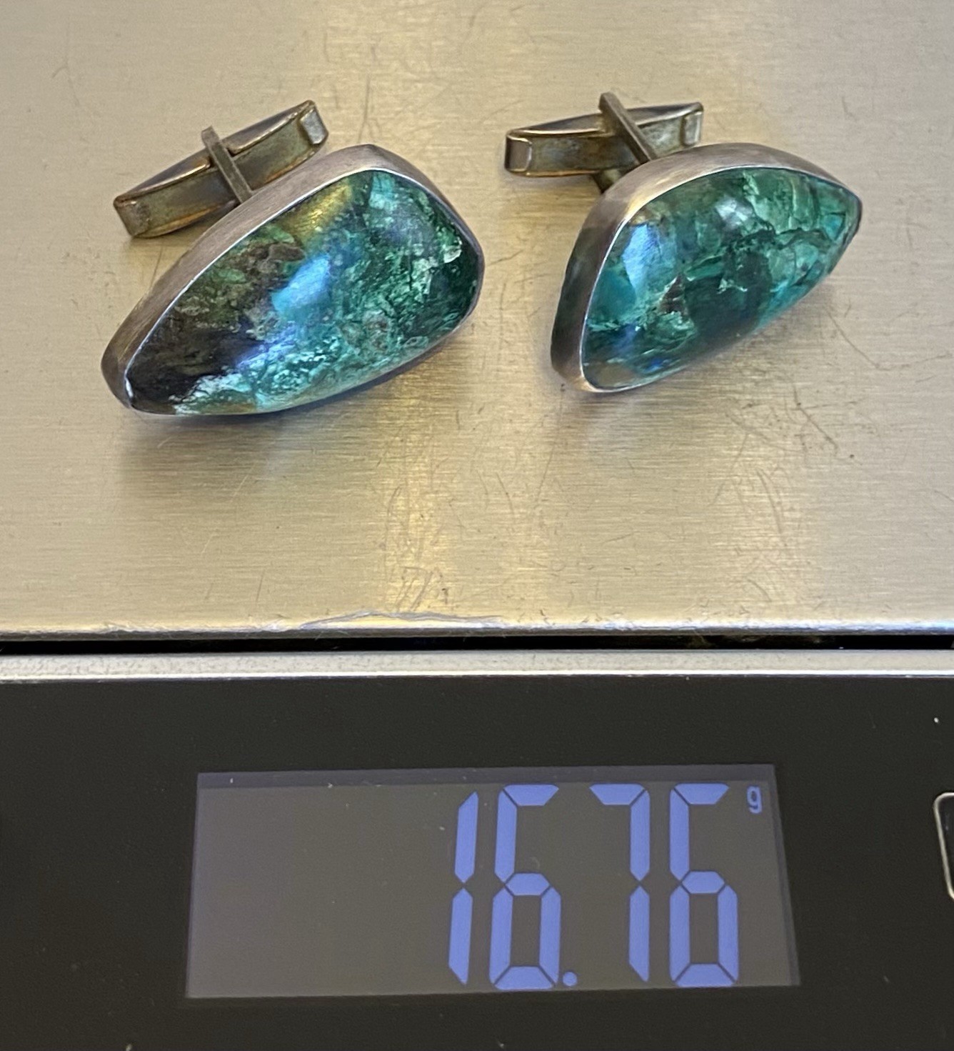 Vintage Israel 930 Silver Malachite Cufflinks Chunky Natural Green Stone