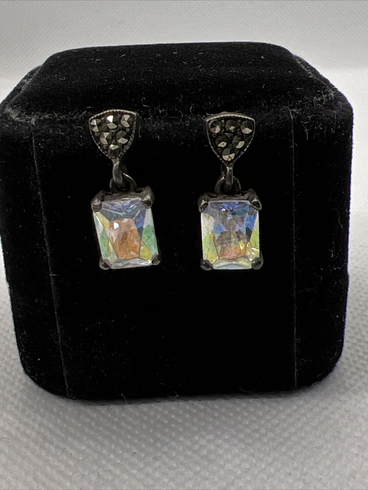 Solid 925 Sterling Silver Mystic CZ & Marcasite DANGlE Earrings(19mm x 7mm) 5.1g