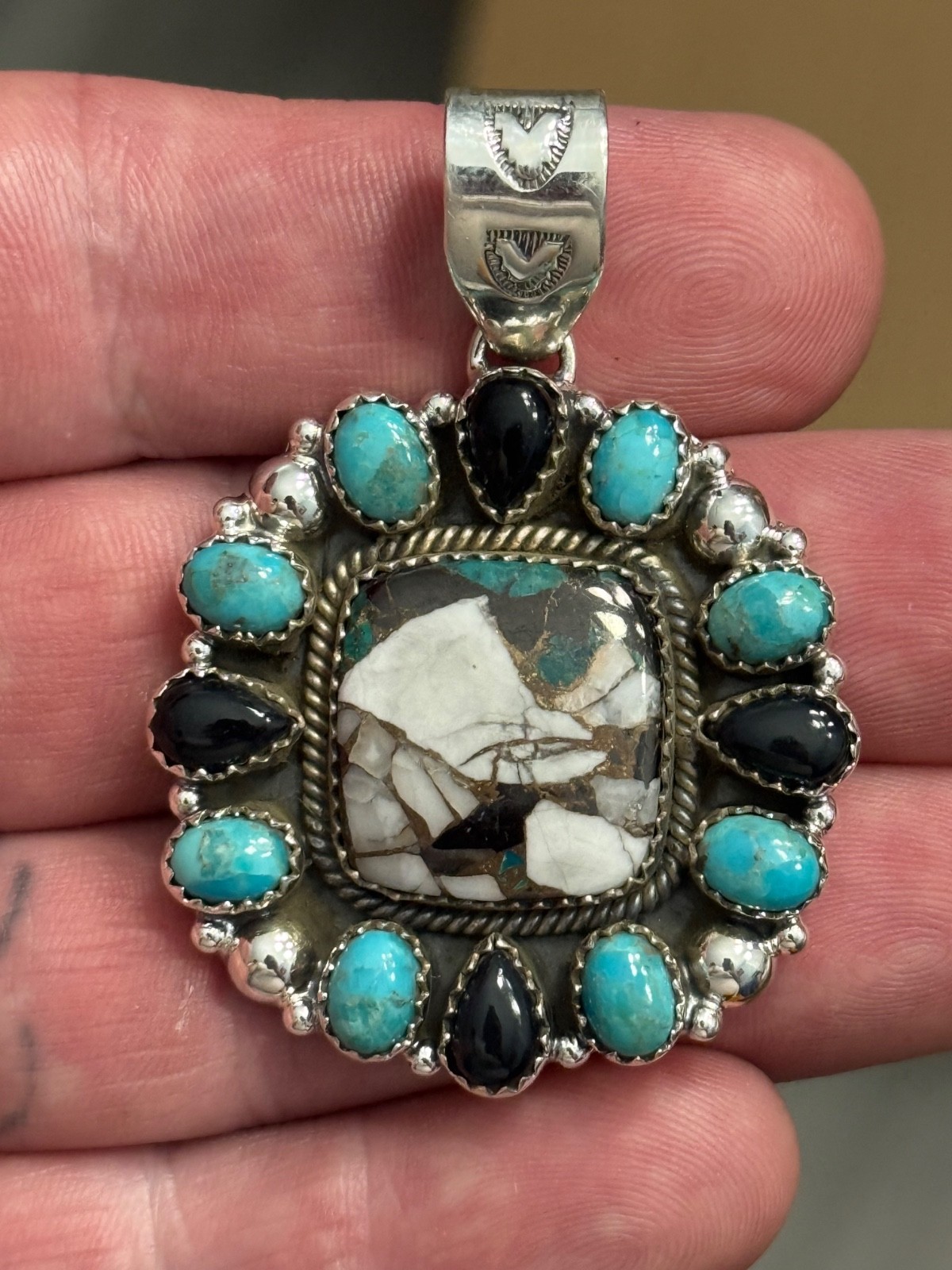 STERLING SILVER TURQUOISE WHITE BUFFALO MIX ONYX BIG CLUSTER DOME PENDANT .925