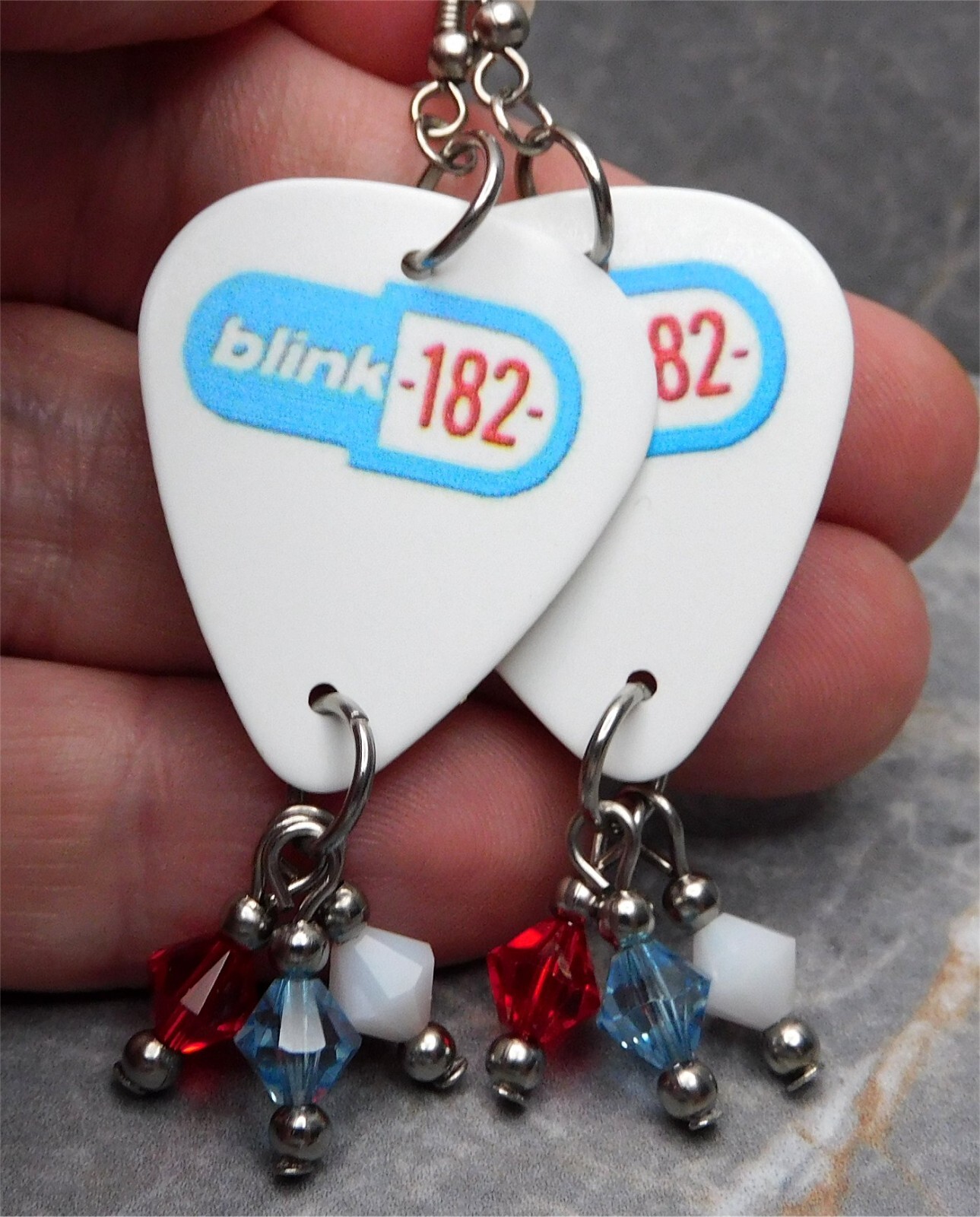 Blink 182 Guitar Pick Earrings with Swarovski Crystal Dangles