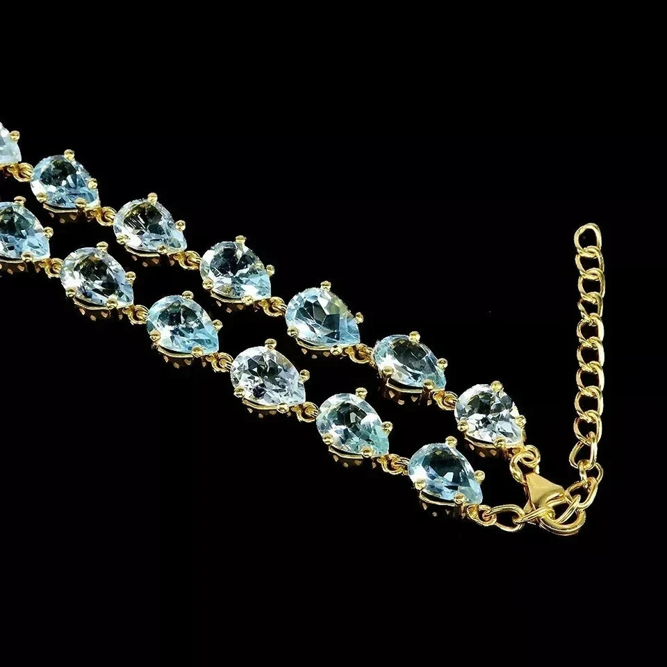 15Ct Oval Lab Created Aquamarine Women’s Tennis Necklace 14k Yellow Gold Finish