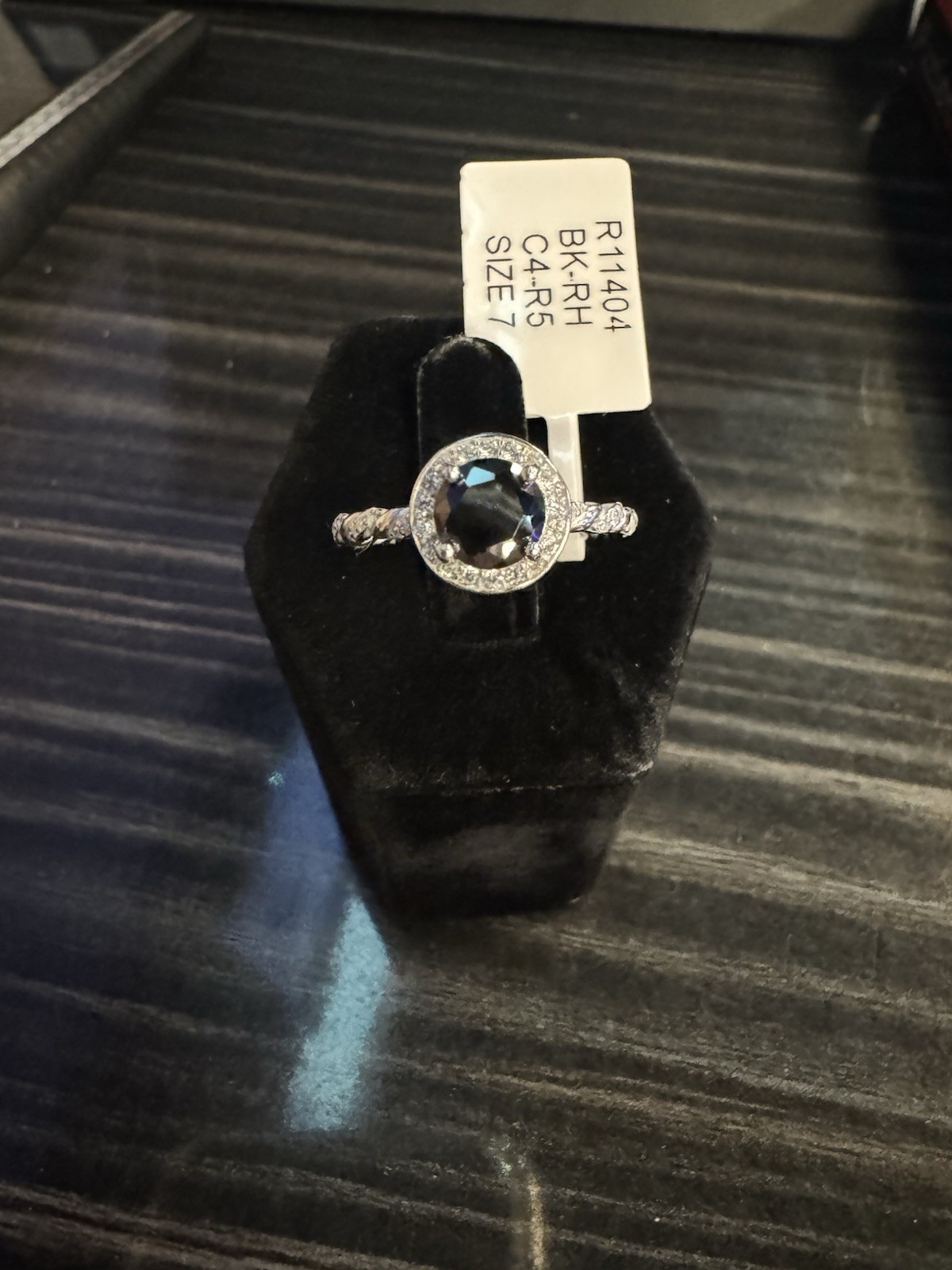 Starling Silver 925 Round Black CZ Halo Engagement Ring Size 7