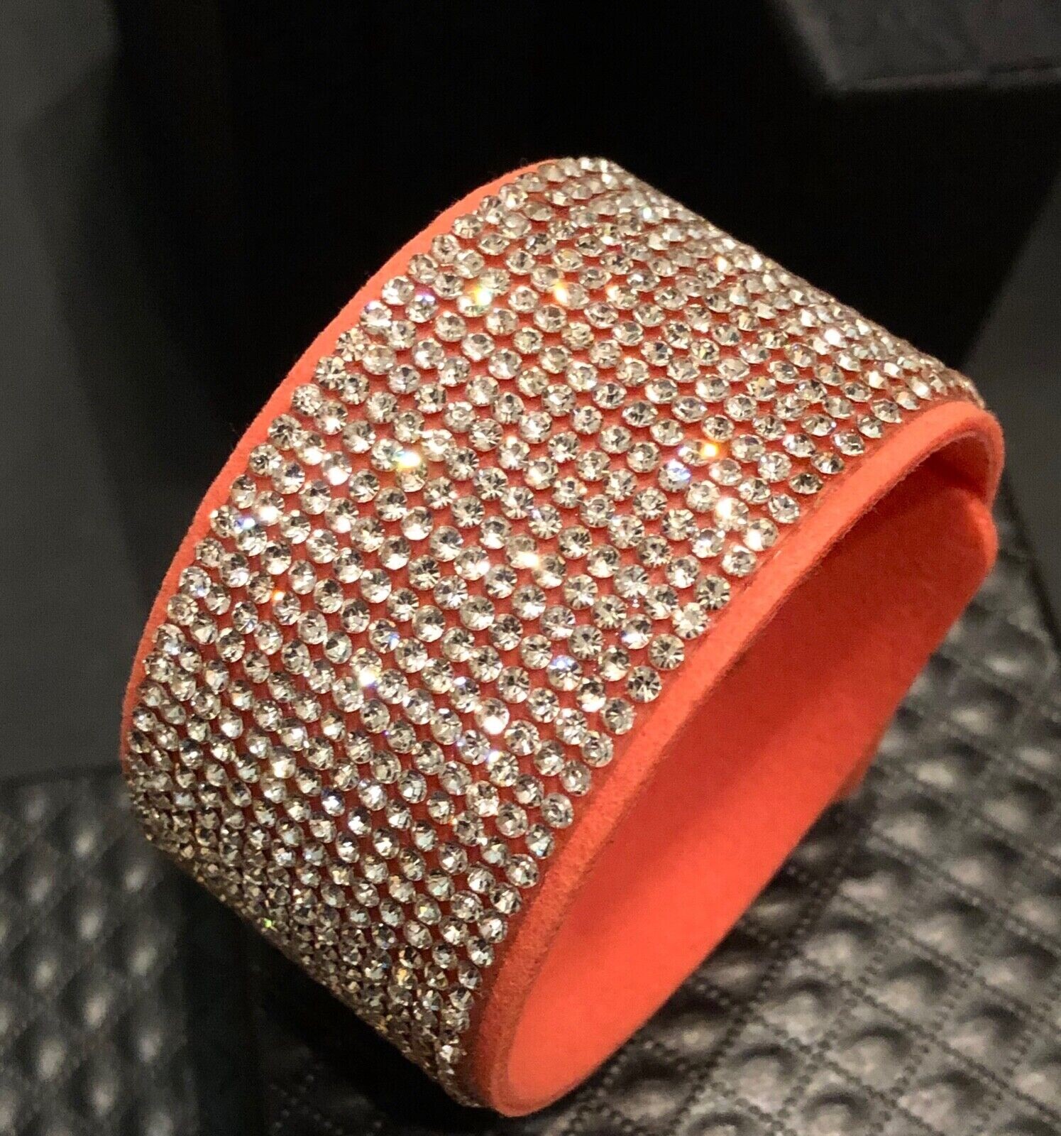 Swarovski Element Crystal Wrap Bracelet Orange Alcantara Leather Wide Bling Cuff