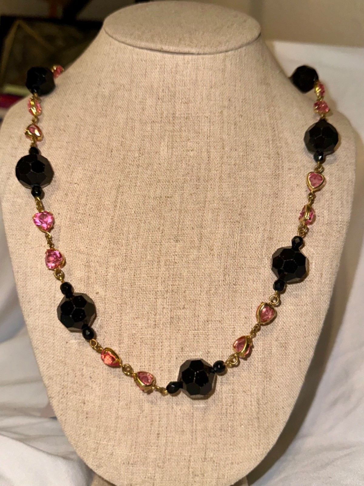 Black glass with Chanel Crystals and gold wire necklace, 16 in, 114g