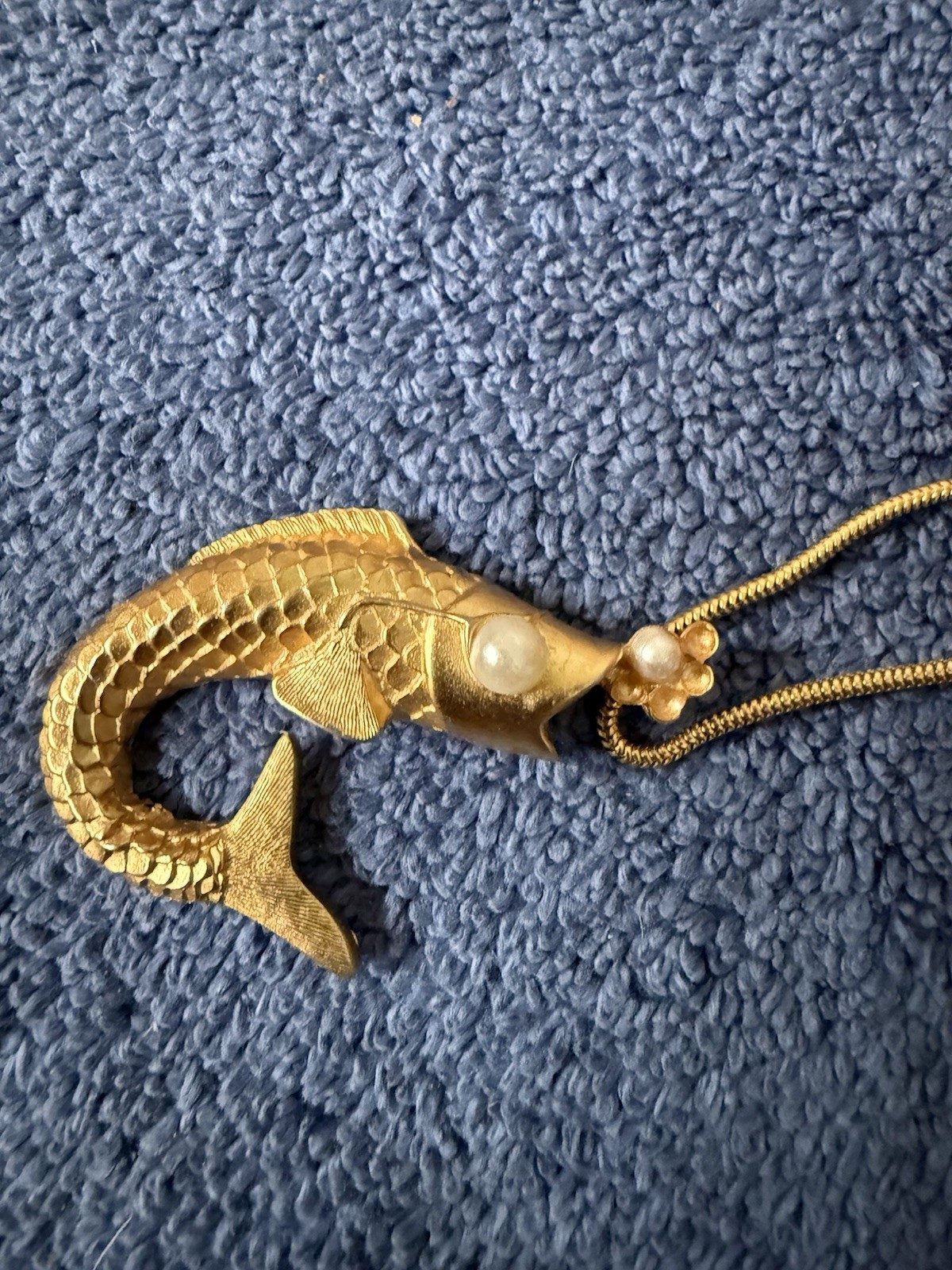 Vintage 1990s Anne Klein Necklace Matte Gold Tone Koi Fish With Pearl Eye & Mout