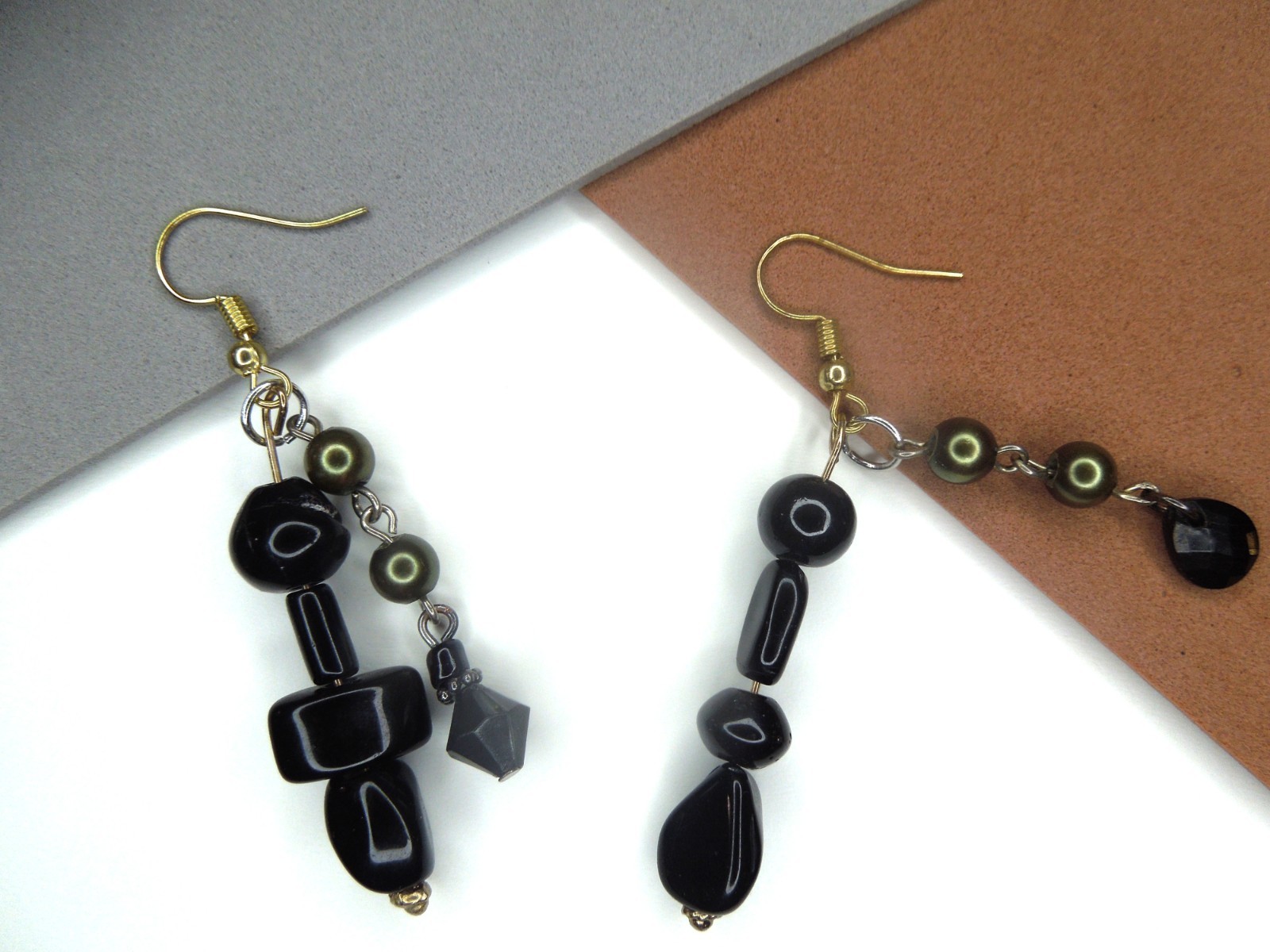Black and Olive Green Bead Earrings Mixed Metal Handmade Goth Asymmetrical