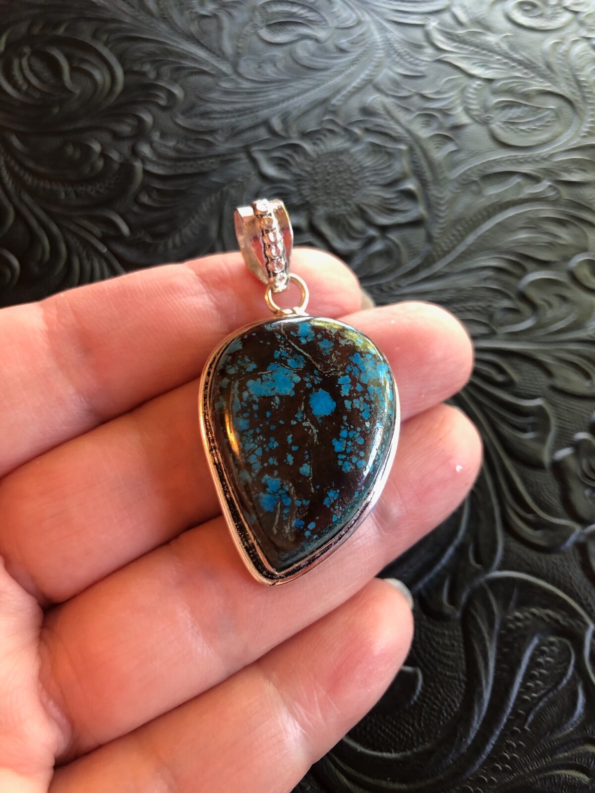 Blue Hubei Turquoise Claw Pendant Heavy Matrix Shadow Bezel 1.75″ Artisan Made