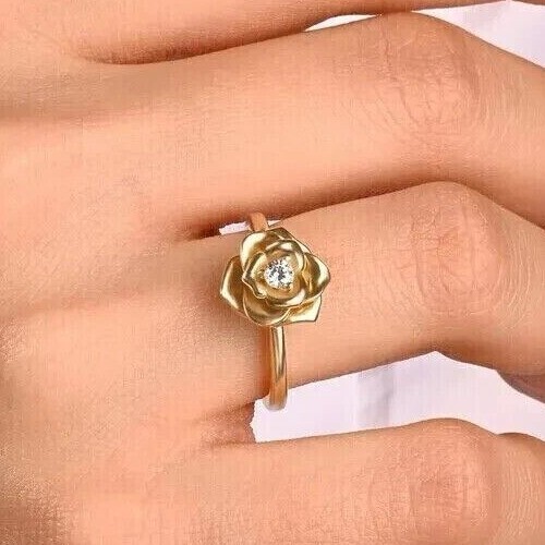 Rose Shape Propose Ring 3mm Round Cut Simulated Diamond 14K Yellow Gold Finish