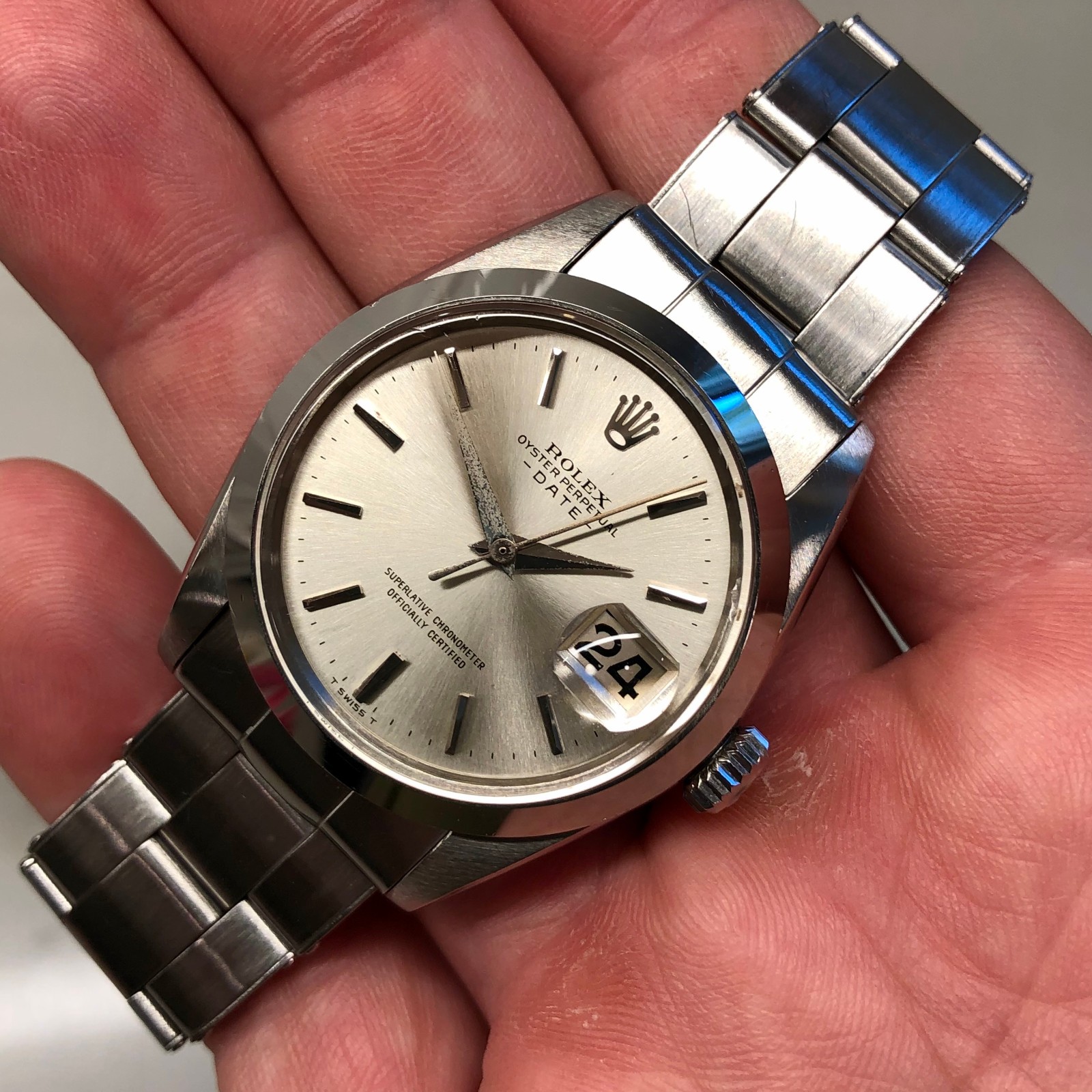 Rolex Date 1500 Oyster Perpetual Silver Arrow Steel Automatic Wristwatch