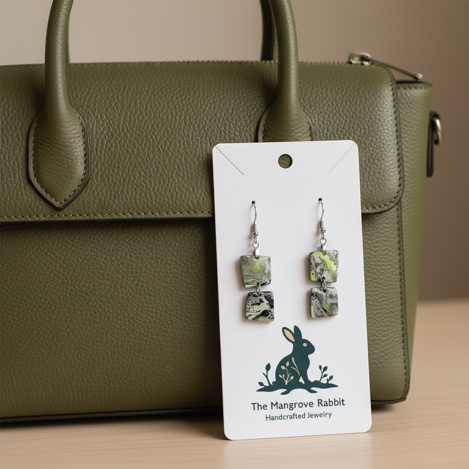 Green Black Silver Marbled Print Handmade Polymer Clay Dangle Earrings SS Wires