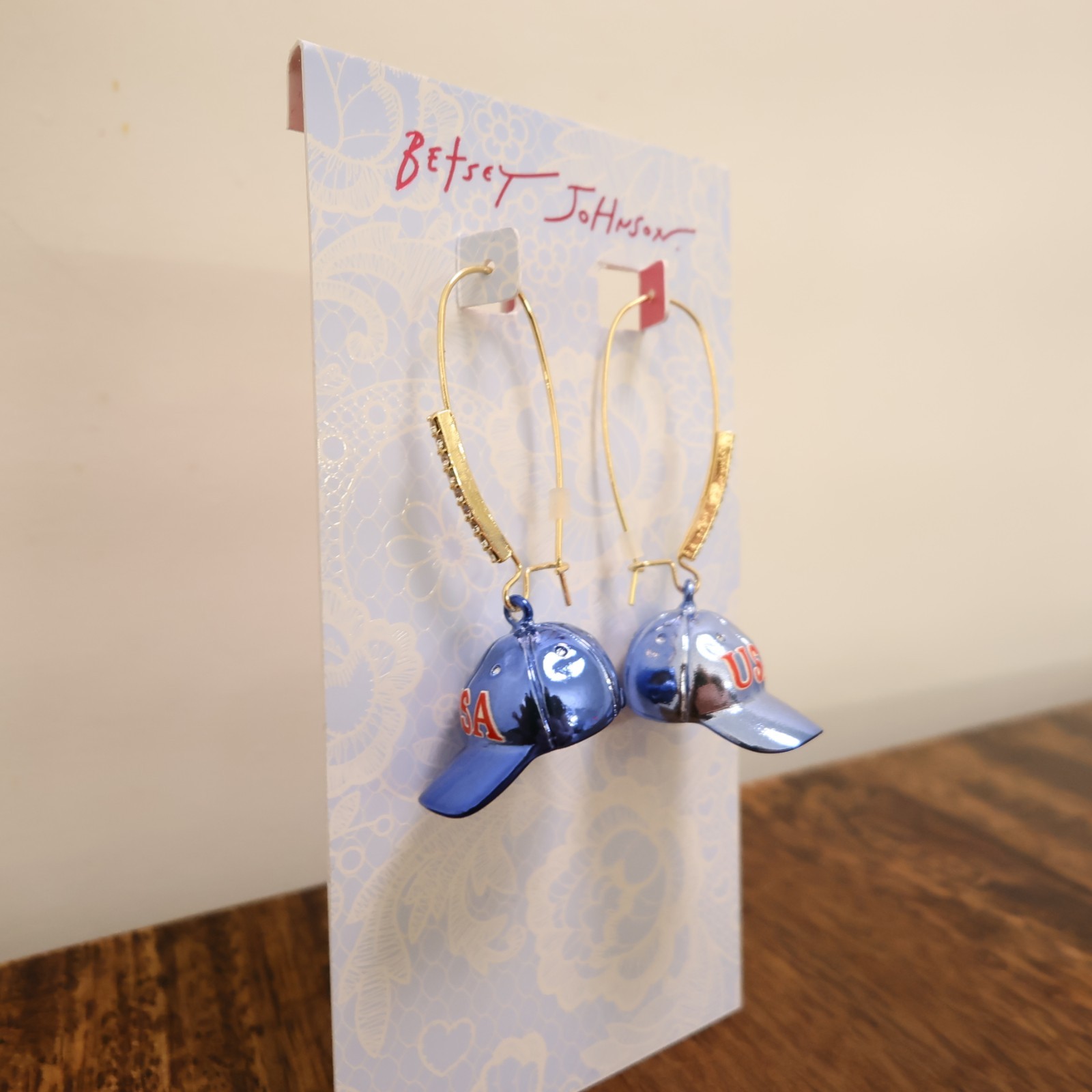 Betsey Johnson earrings baseball caps USA red white blue goldtone hooks NWT