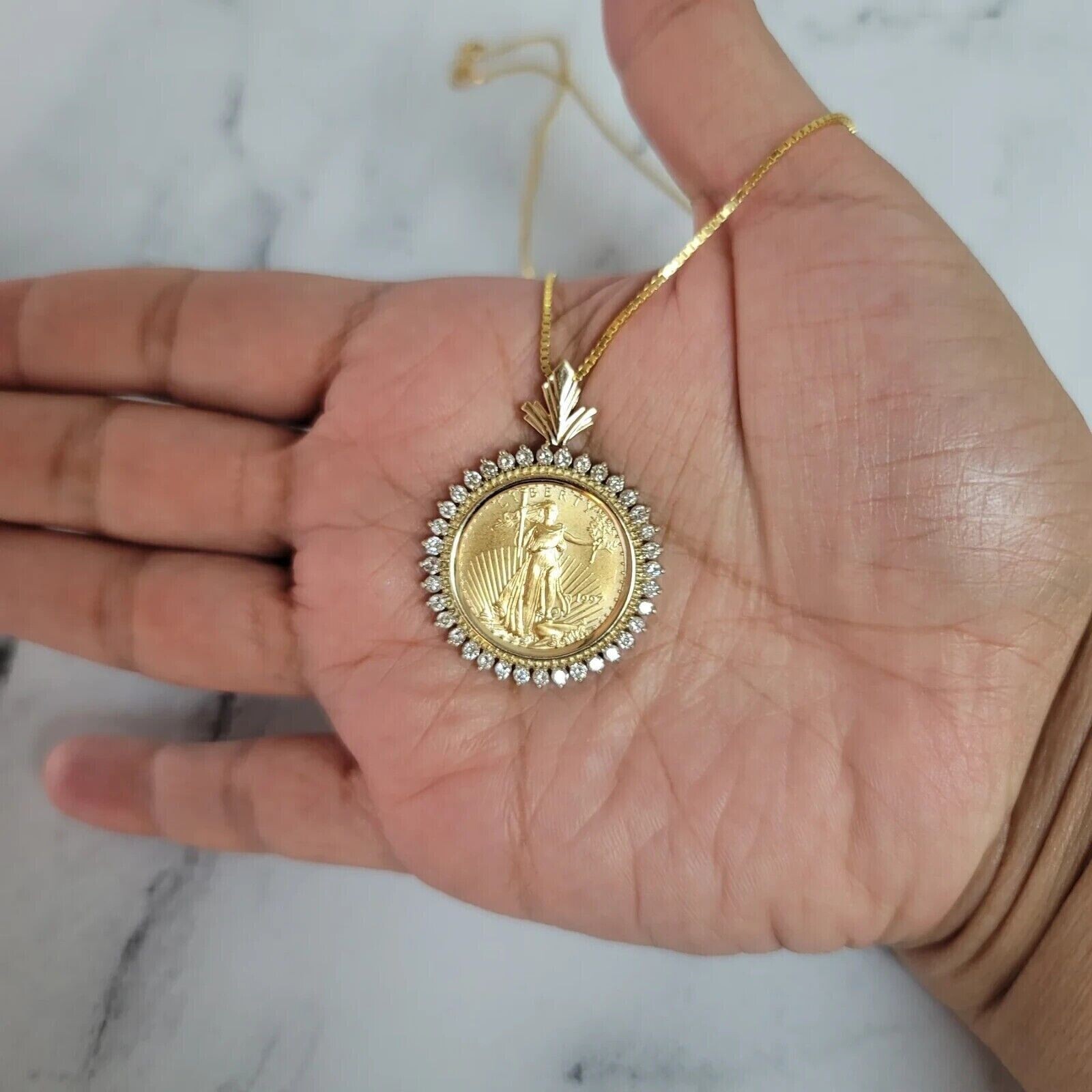 2Ct Round Lab Created Diamond Lady Liberty Coin Pendant 14K Yellow Gold Plated