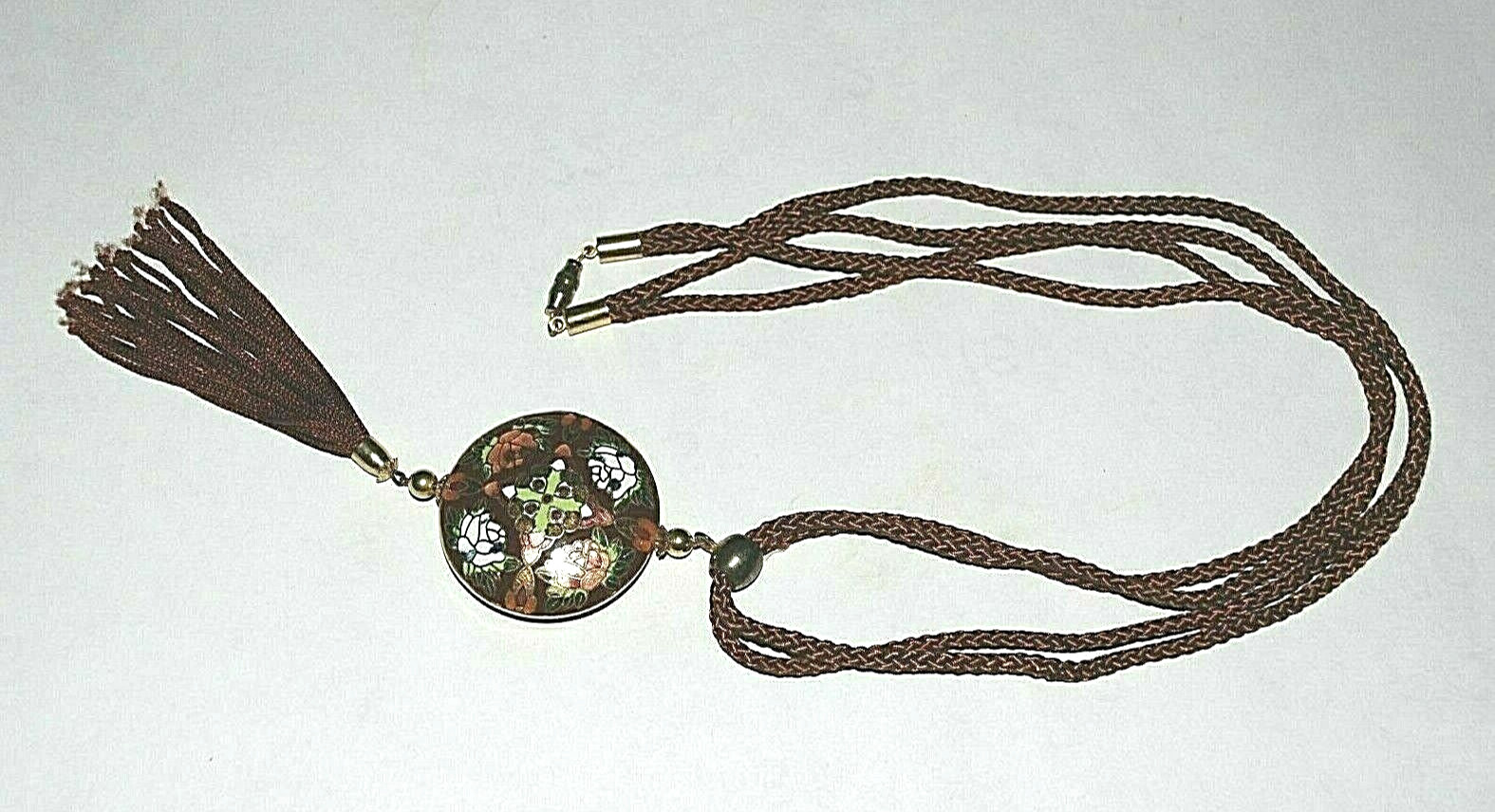 Cloisonne Asian Flower Tassel Necklace Pendant Enamel Gold Filled Silk Cord Boho